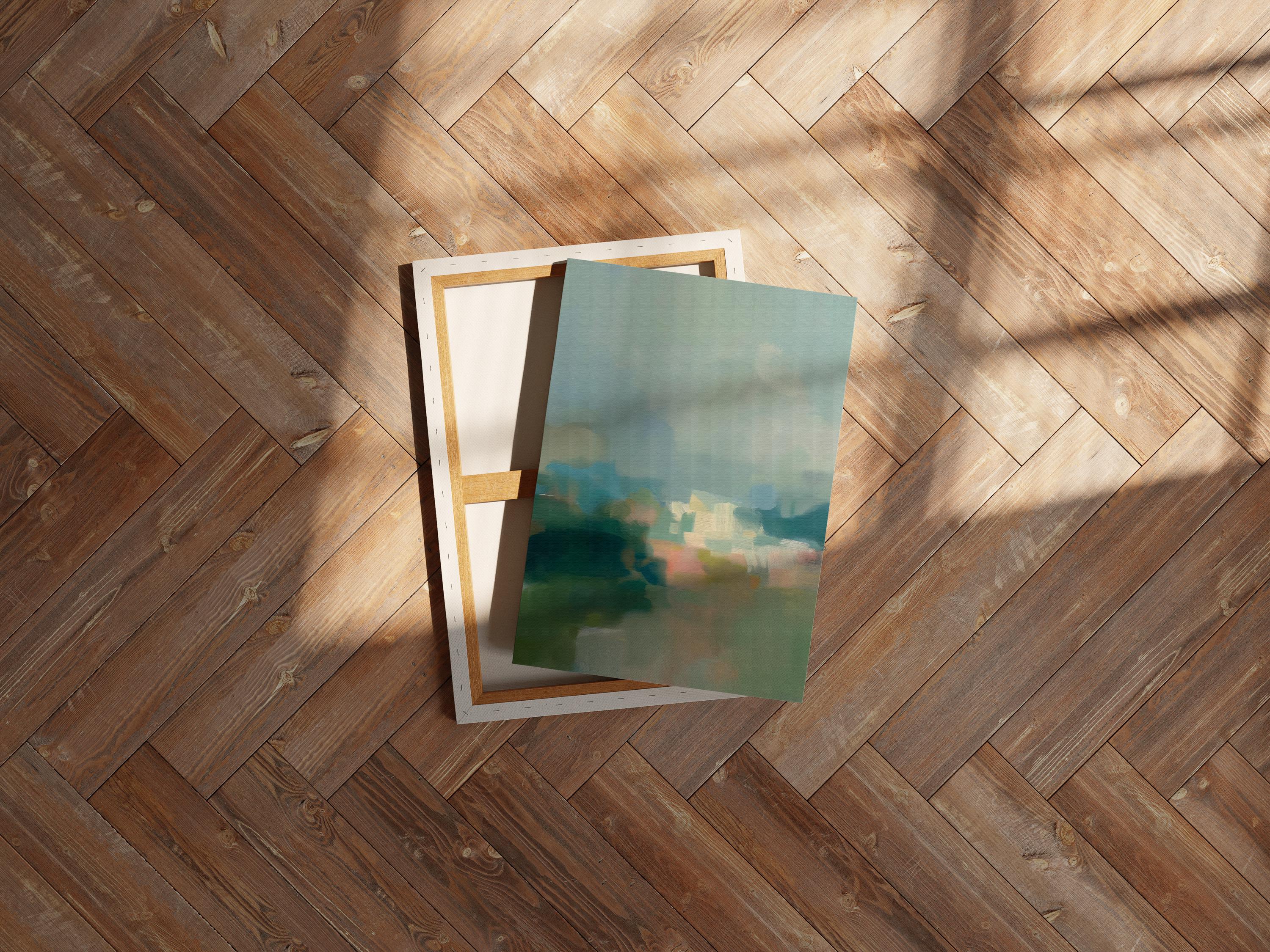 Misty Glade 1045 by Muse Studio vertical abstract landscape wall art inspired by misty woodland clearings, blending sage green, sea glass blue, soft cream, and pale peach light. Printed with museum-grade giclée inks on premium gallery-wrapped artist canvas and available framed in custom wood float frames for serene Organic Transitional interiors.