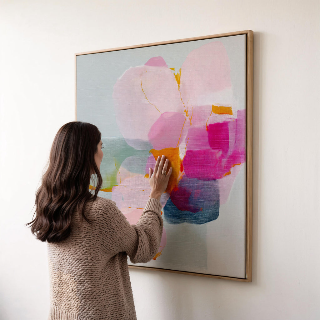 First Bloom 1052 by Muse Studio large framed floral wall art featuring blush pink, magenta, soft blue, and golden ochre painterly blooms printed with museum-grade giclée inks on premium gallery-wrapped canvas, framed in natural wood for Romantic Botanical bedrooms and serene designer interiors.