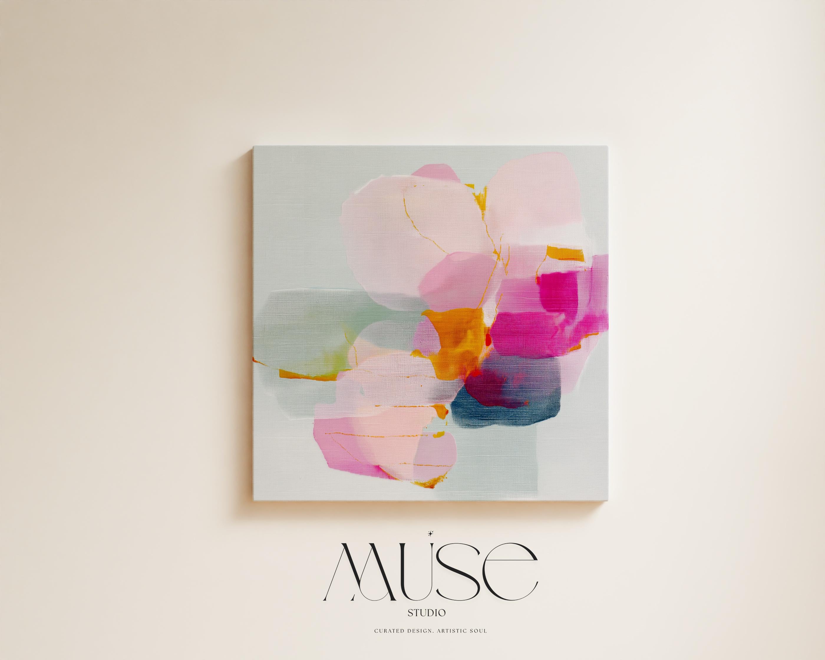First Bloom 1052 by Muse Studio large square floral canvas wall art featuring blush pink, magenta, soft blue, and golden ochre abstract blooms printed with museum-grade giclée inks on premium gallery-wrapped artist canvas for Romantic Botanical bedrooms and bright contemporary interiors.