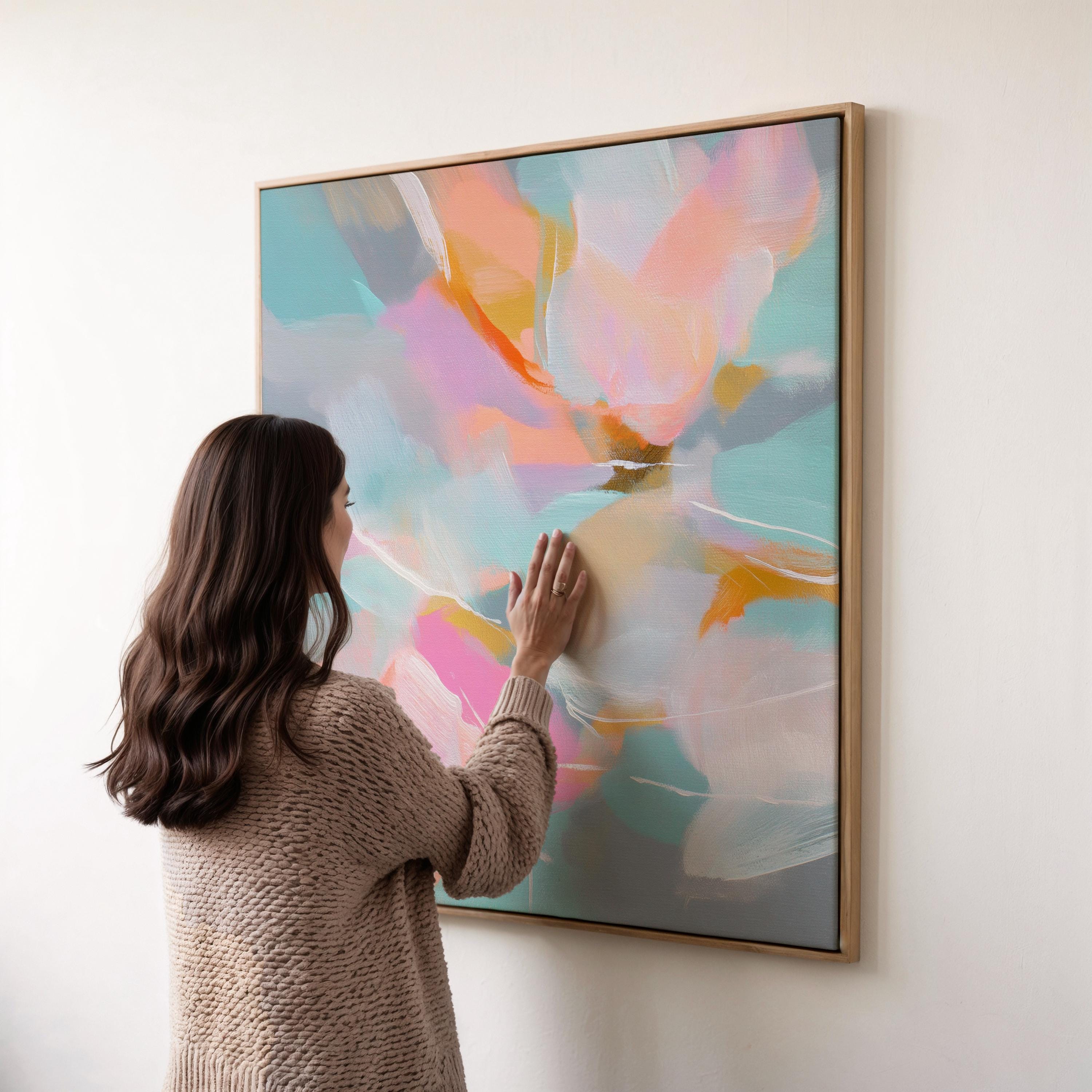 Petal Glory 1051 by Muse Studio large framed floral wall art featuring pink, coral, aqua, soft blue and golden ochre painterly petals printed with museum-grade giclée inks on premium gallery-wrapped canvas, framed in natural wood for Romantic Botanical bedrooms and colorful designer interiors.