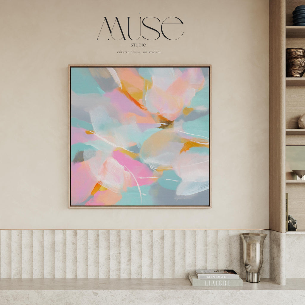 Petal Glory 1051 by Muse Studio large framed floral wall art featuring pink, coral, aqua, soft blue and golden ochre painterly petals printed with museum-grade giclée inks on premium gallery-wrapped canvas, framed in natural wood for Romantic Botanical bedrooms and colorful designer interiors.