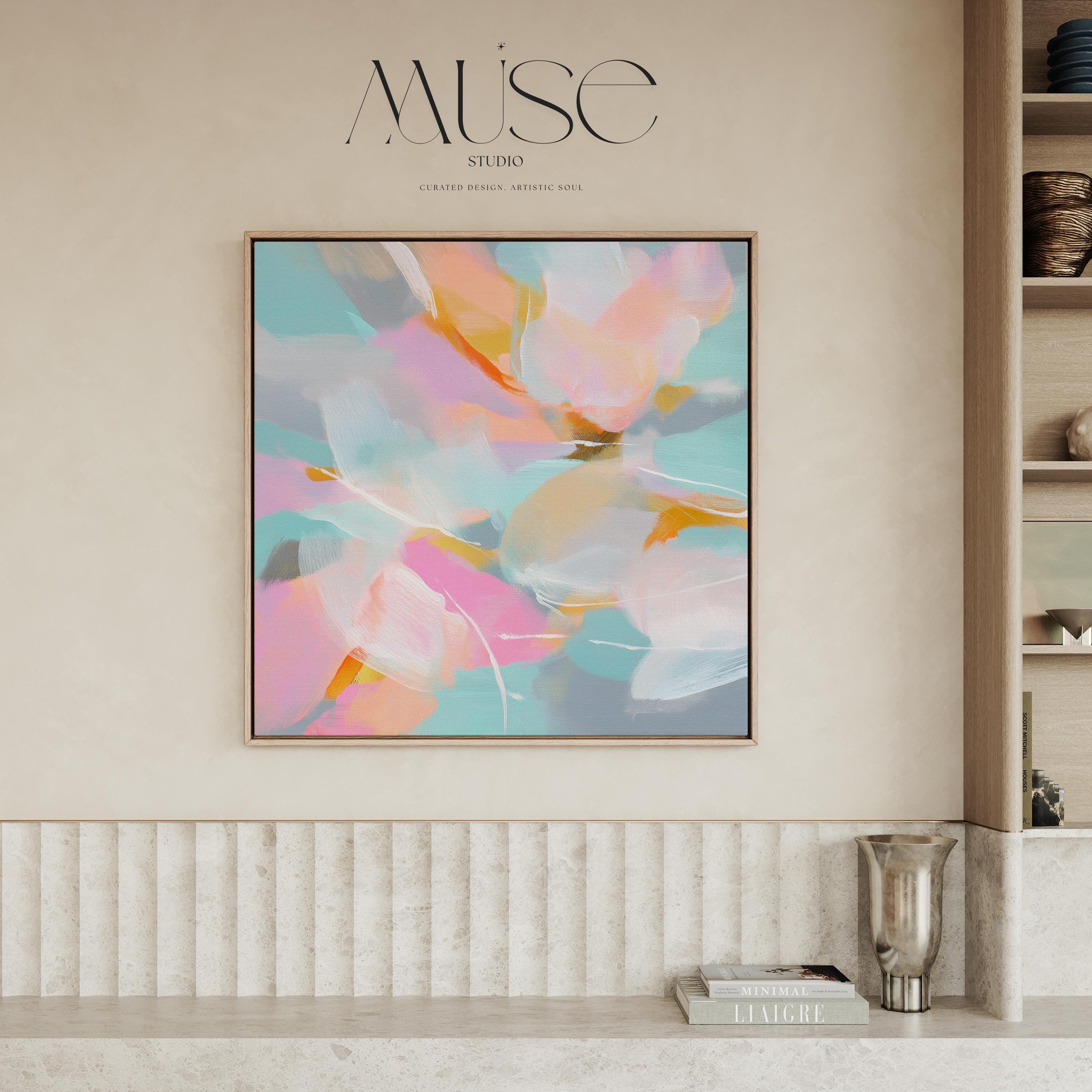 Petal Glory 1051 by Muse Studio large framed floral wall art featuring pink, coral, aqua, soft blue and golden ochre painterly petals printed with museum-grade giclée inks on premium gallery-wrapped canvas, framed in natural wood for Romantic Botanical bedrooms and colorful designer interiors.