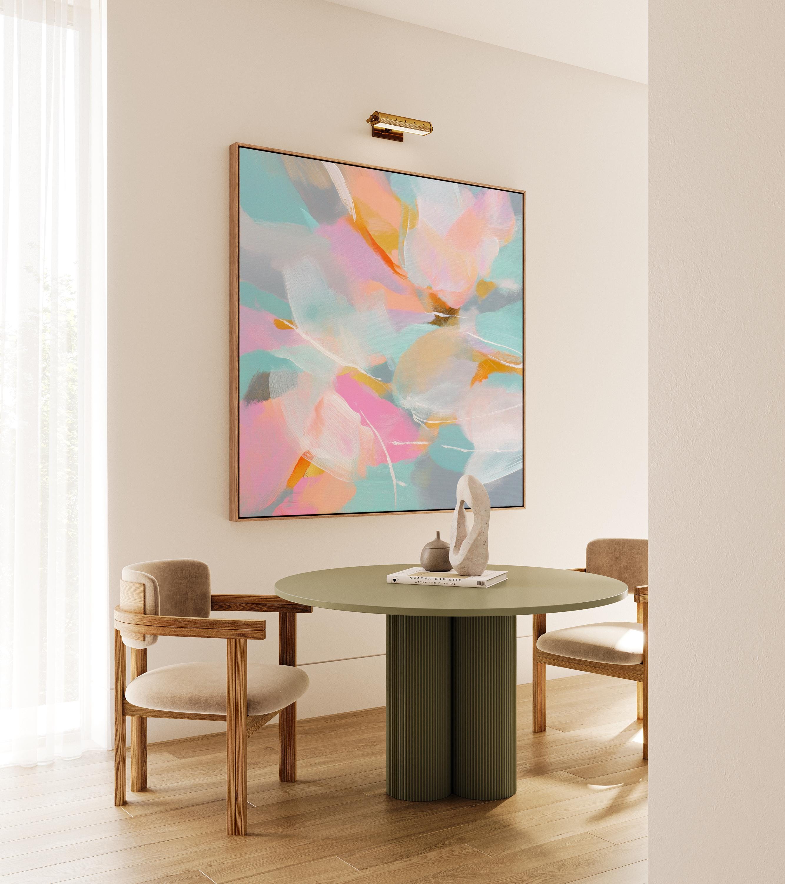 Petal Glory 1051 by Muse Studio large framed floral wall art featuring pink, coral, aqua, soft blue and golden ochre painterly petals printed with museum-grade giclée inks on premium gallery-wrapped canvas, framed in natural wood for Romantic Botanical bedrooms and colorful designer interiors.