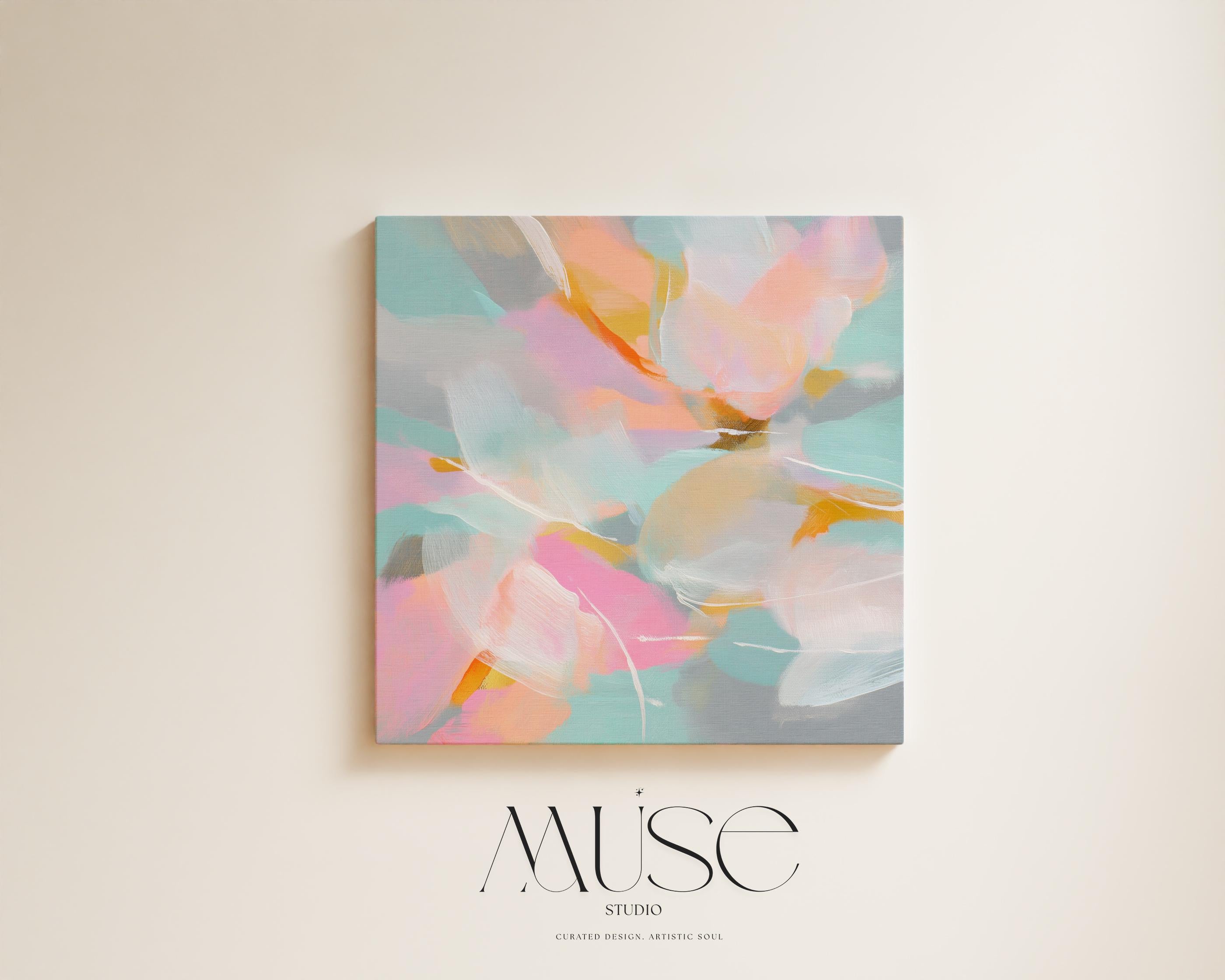 Petal Glory 1051 by Muse Studio large square floral canvas wall art with pink, coral, aqua and golden ochre abstract petals printed using museum-grade giclée inks on premium gallery-wrapped artist canvas for Romantic Botanical bedrooms and vibrant contemporary interiors.