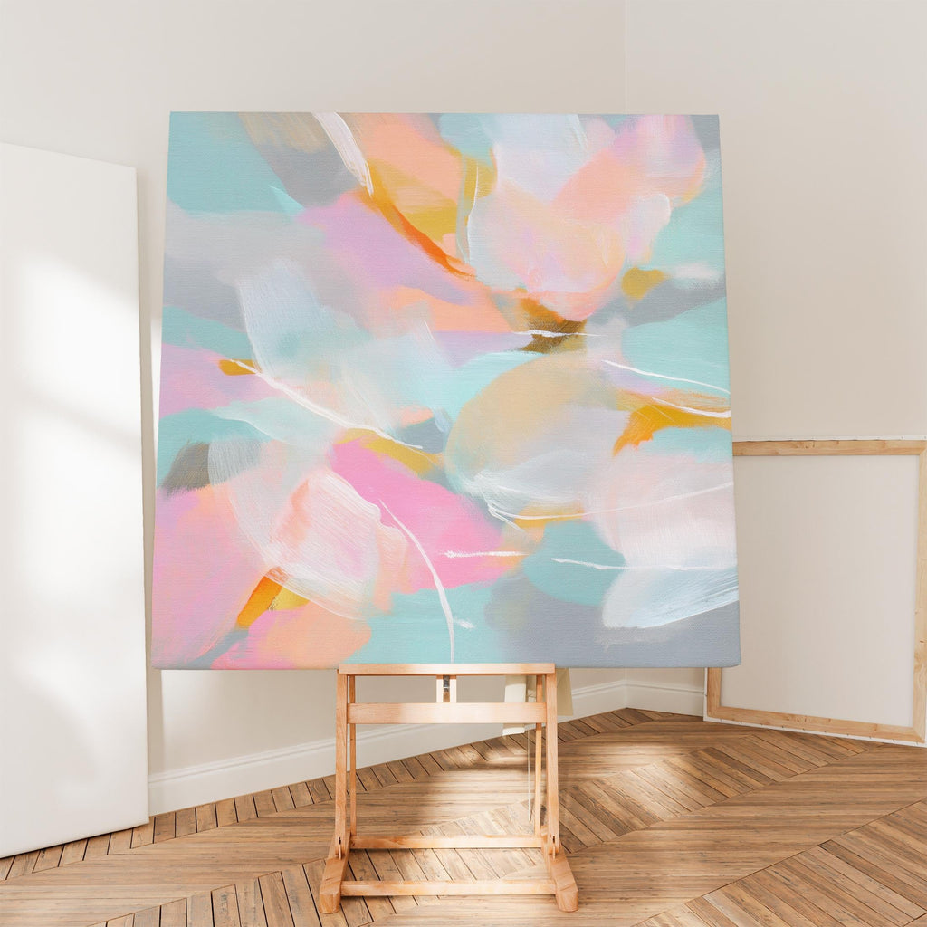 Petal Glory 1051 by Muse Studio large square floral canvas wall art with pink, coral, aqua and golden ochre abstract petals printed using museum-grade giclée inks on premium gallery-wrapped artist canvas for Romantic Botanical bedrooms and vibrant contemporary interiors.
