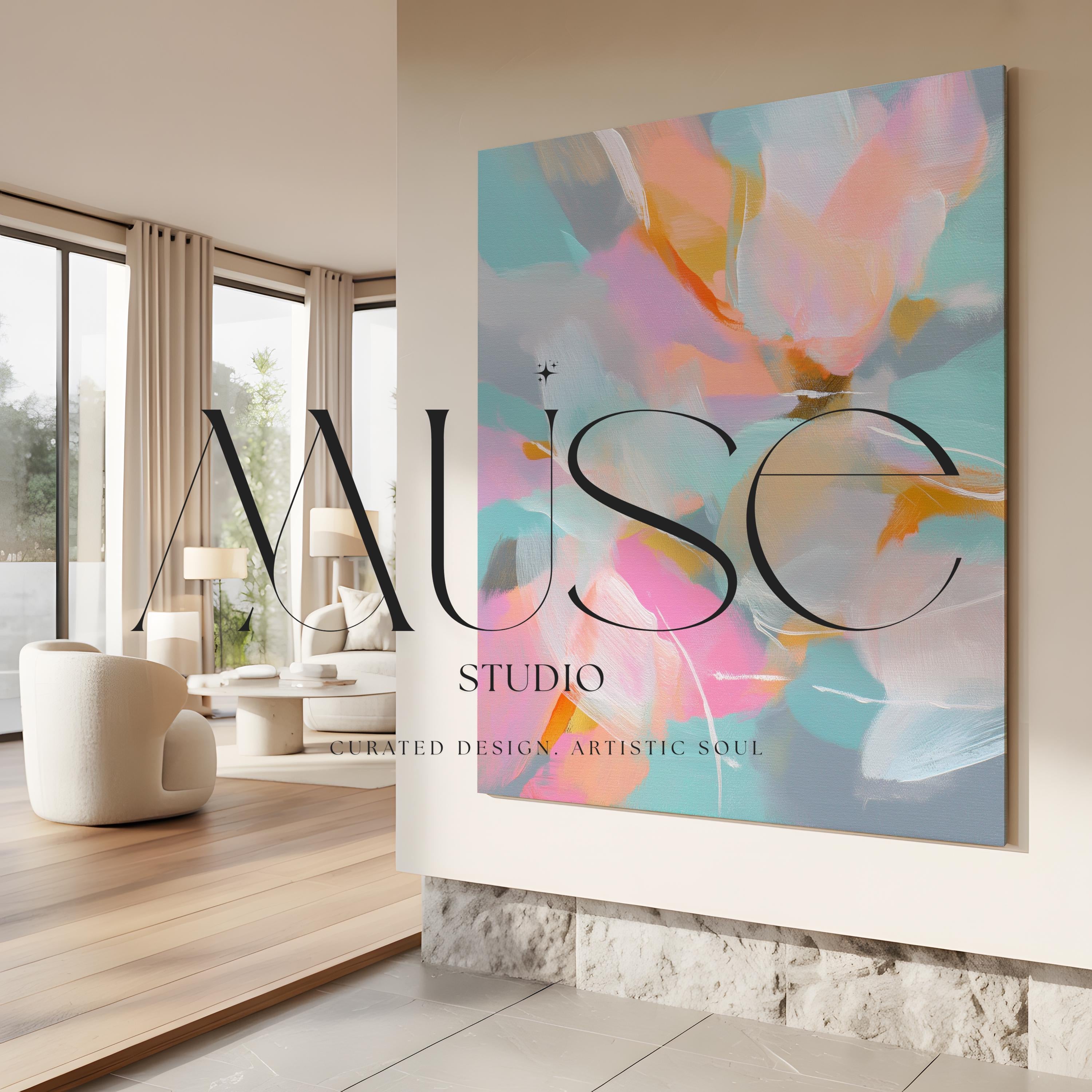 Petal Glory 1051 by Muse Studio large square floral canvas wall art with pink, coral, aqua and golden ochre abstract petals printed using museum-grade giclée inks on premium gallery-wrapped artist canvas for Romantic Botanical bedrooms and vibrant contemporary interiors.