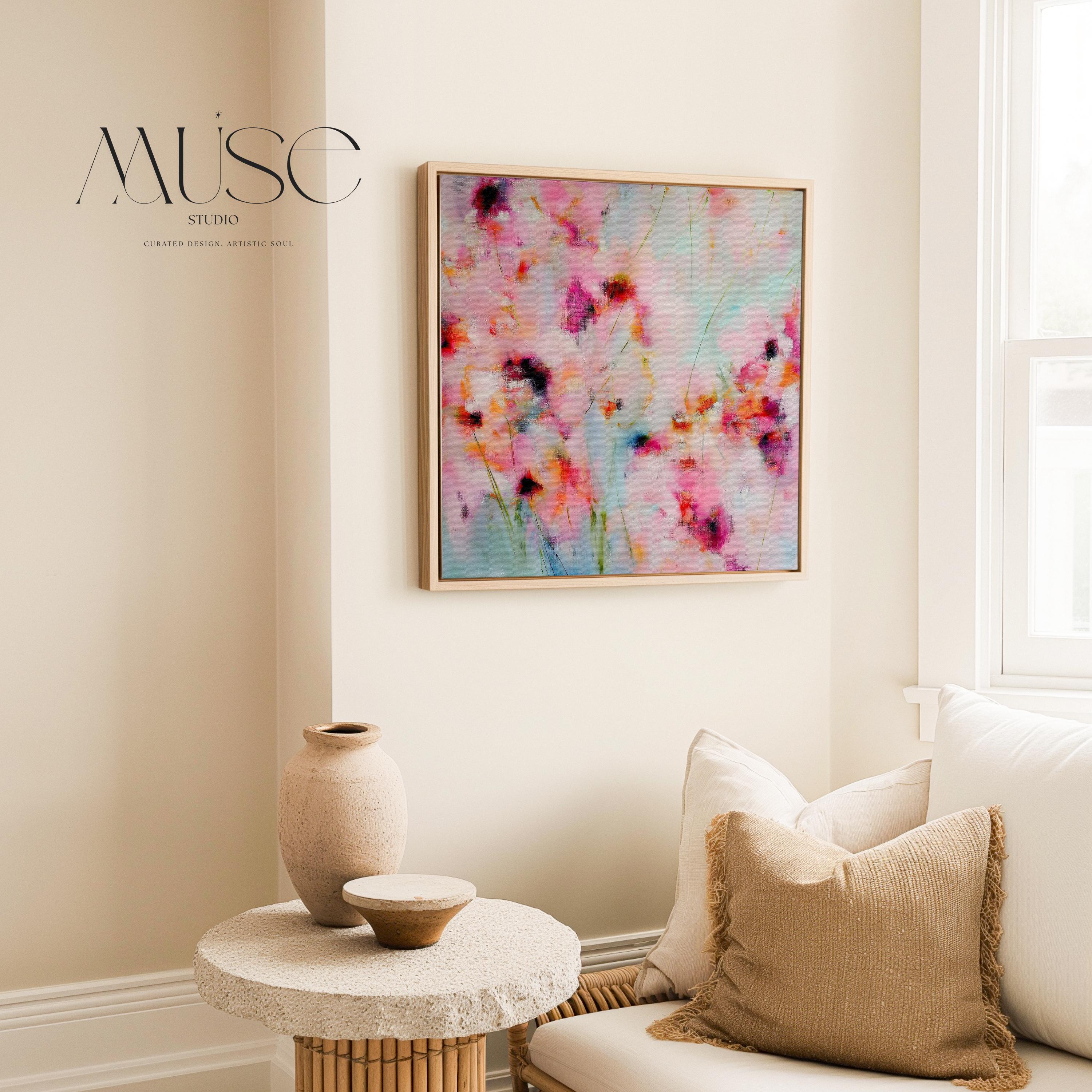 Wildflower Haze 1056 by Muse Studio large framed floral wall art featuring pink, coral, magenta and soft aqua painterly wildflowers printed with museum-grade giclée inks on premium gallery-wrapped canvas, framed in natural wood for Romantic Botanical bedrooms and soft contemporary interiors.