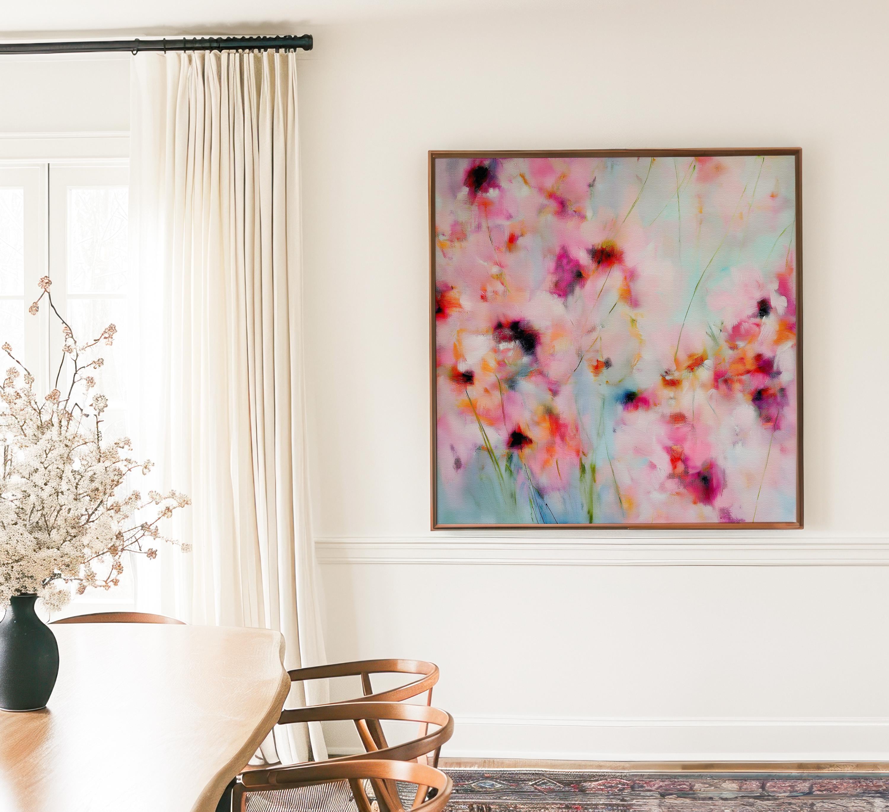 Wildflower Haze 1056 by Muse Studio large framed floral wall art featuring pink, coral, magenta and soft aqua painterly wildflowers printed with museum-grade giclée inks on premium gallery-wrapped canvas, framed in natural wood for Romantic Botanical bedrooms and soft contemporary interiors.