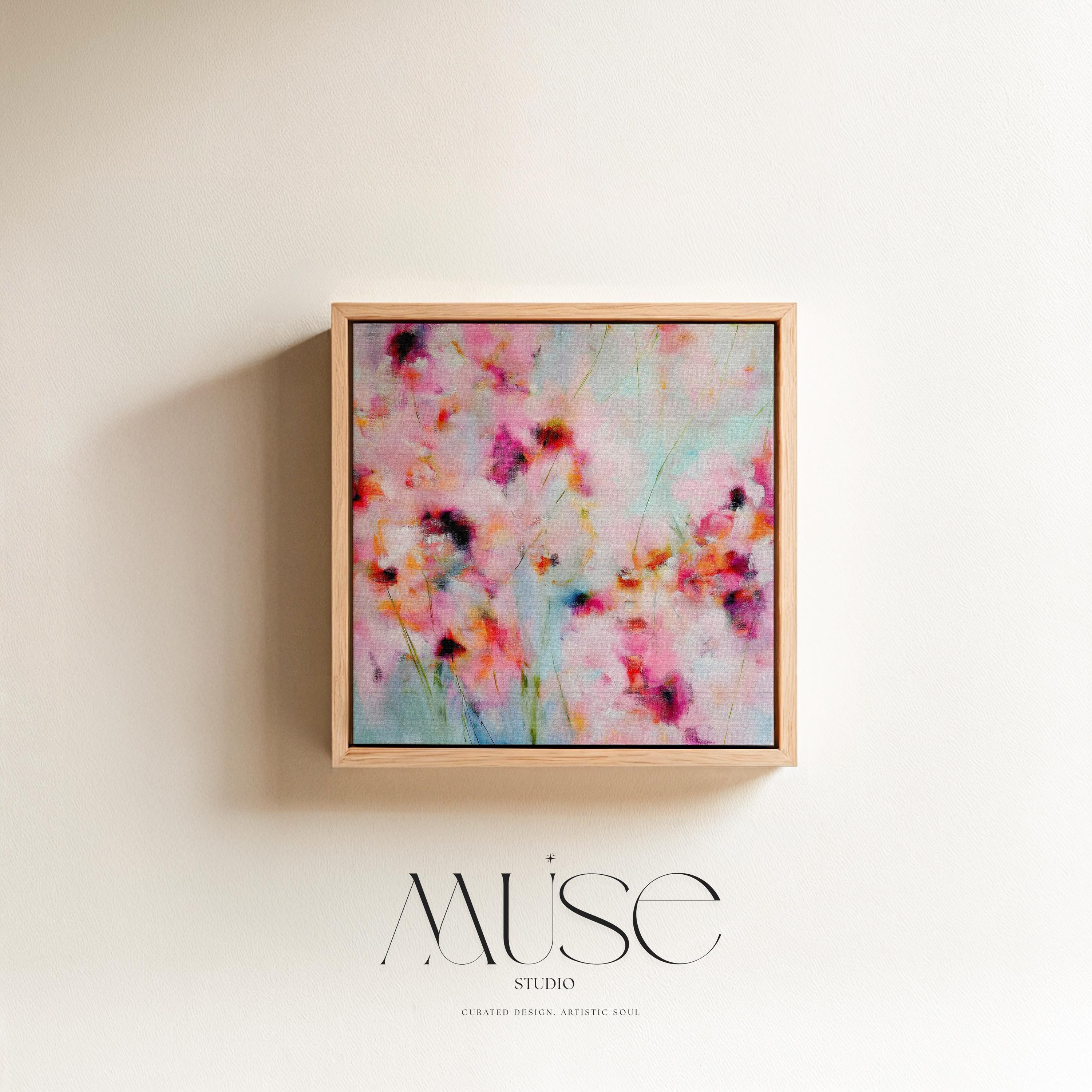 Wildflower Haze 1056 by Muse Studio large framed floral wall art featuring pink, coral, magenta and soft aqua painterly wildflowers printed with museum-grade giclée inks on premium gallery-wrapped canvas, framed in natural wood for Romantic Botanical bedrooms and soft contemporary interiors.