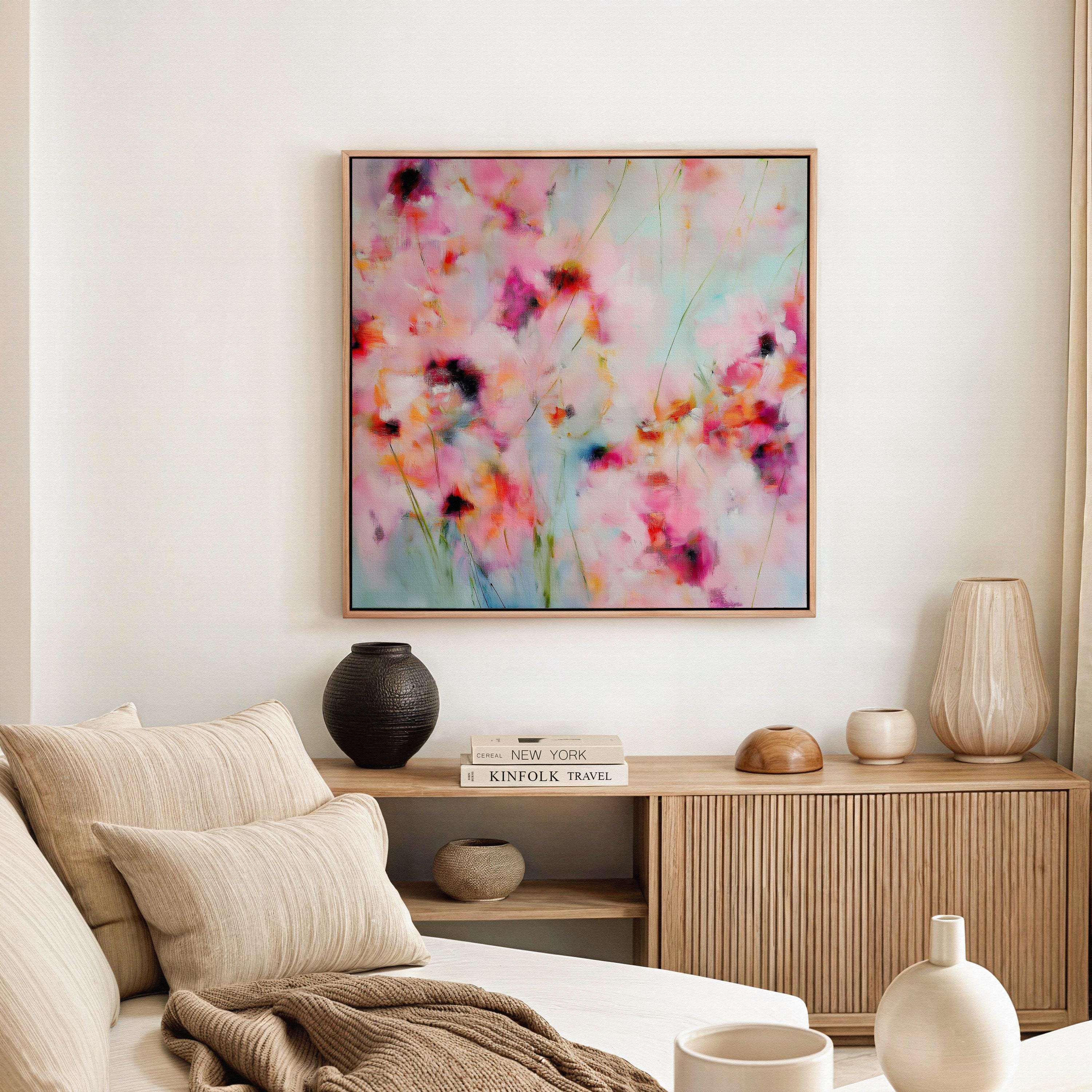 Wildflower Haze 1056 by Muse Studio large framed floral wall art featuring pink, coral, magenta and soft aqua painterly wildflowers printed with museum-grade giclée inks on premium gallery-wrapped canvas, framed in natural wood for Romantic Botanical bedrooms and soft contemporary interiors.