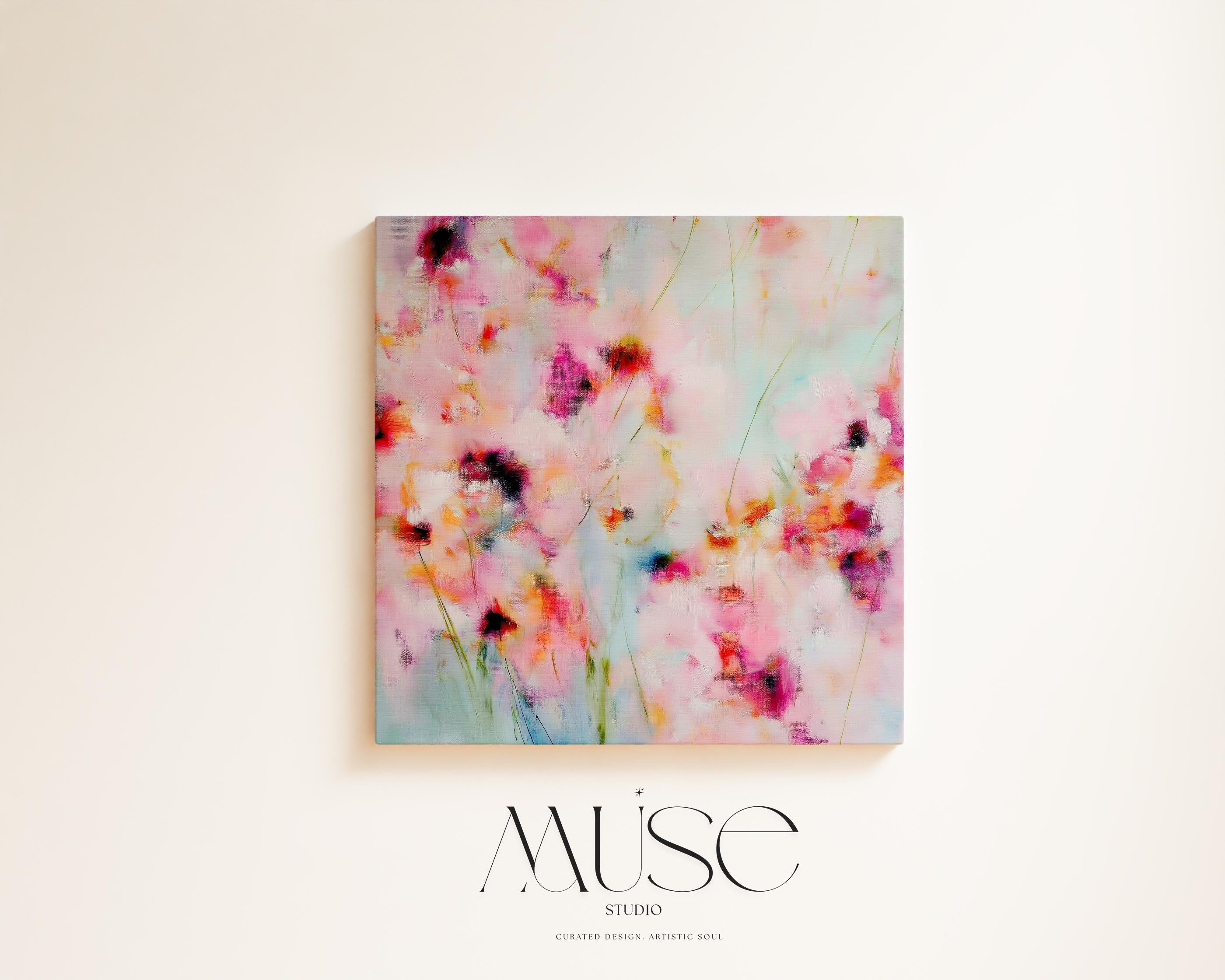 Wildflower Haze 1056 by Muse Studio large square floral canvas wall art featuring pink, coral and soft aqua abstract wildflowers printed with museum-grade giclée inks on premium gallery-wrapped artist canvas for Romantic Botanical bedrooms and colorful designer interiors.