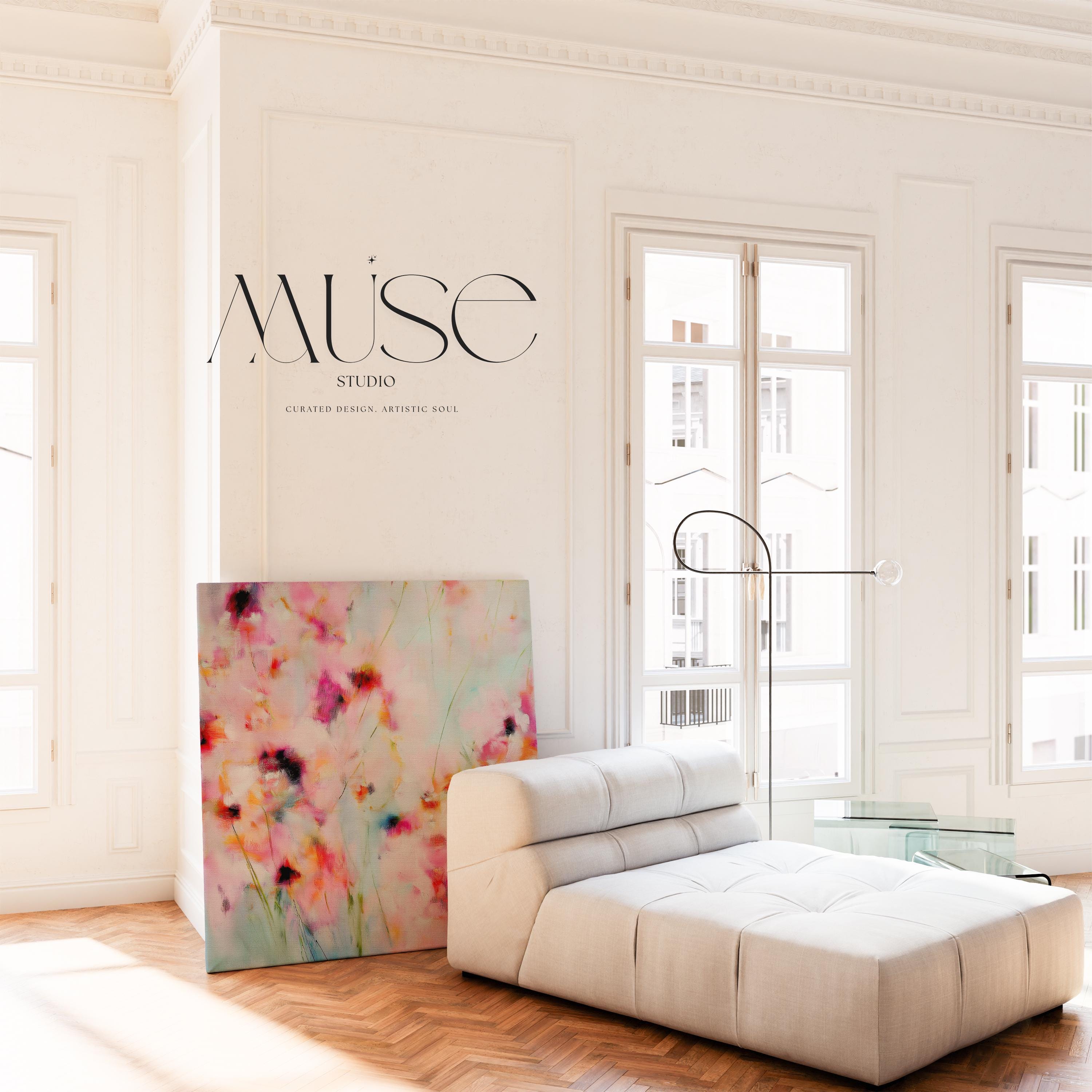 Wildflower Haze 1056 by Muse Studio large square floral canvas wall art featuring pink, coral and soft aqua abstract wildflowers printed with museum-grade giclée inks on premium gallery-wrapped artist canvas for Romantic Botanical bedrooms and colorful designer interiors.