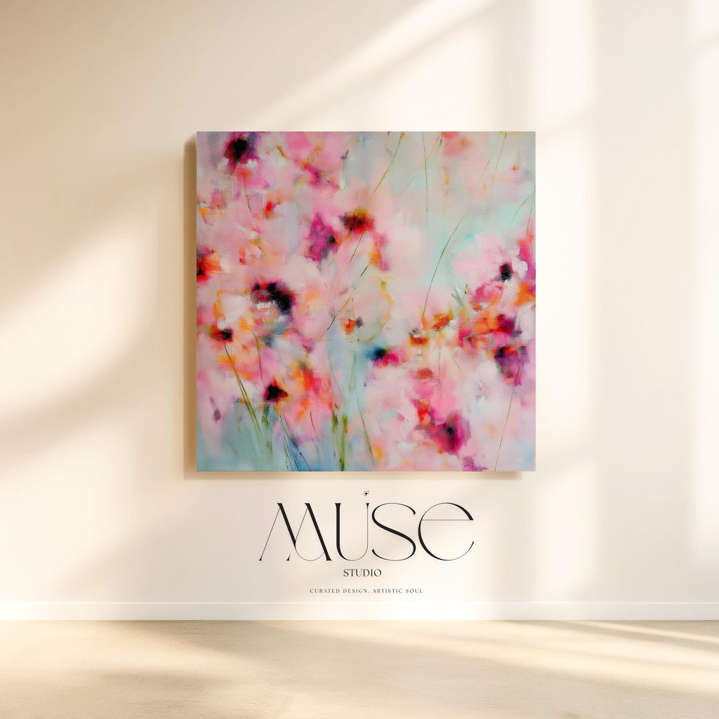 Wildflower Haze 1056 by Muse Studio large square floral canvas wall art featuring pink, coral and soft aqua abstract wildflowers printed with museum-grade giclée inks on premium gallery-wrapped artist canvas for Romantic Botanical bedrooms and colorful designer interiors.