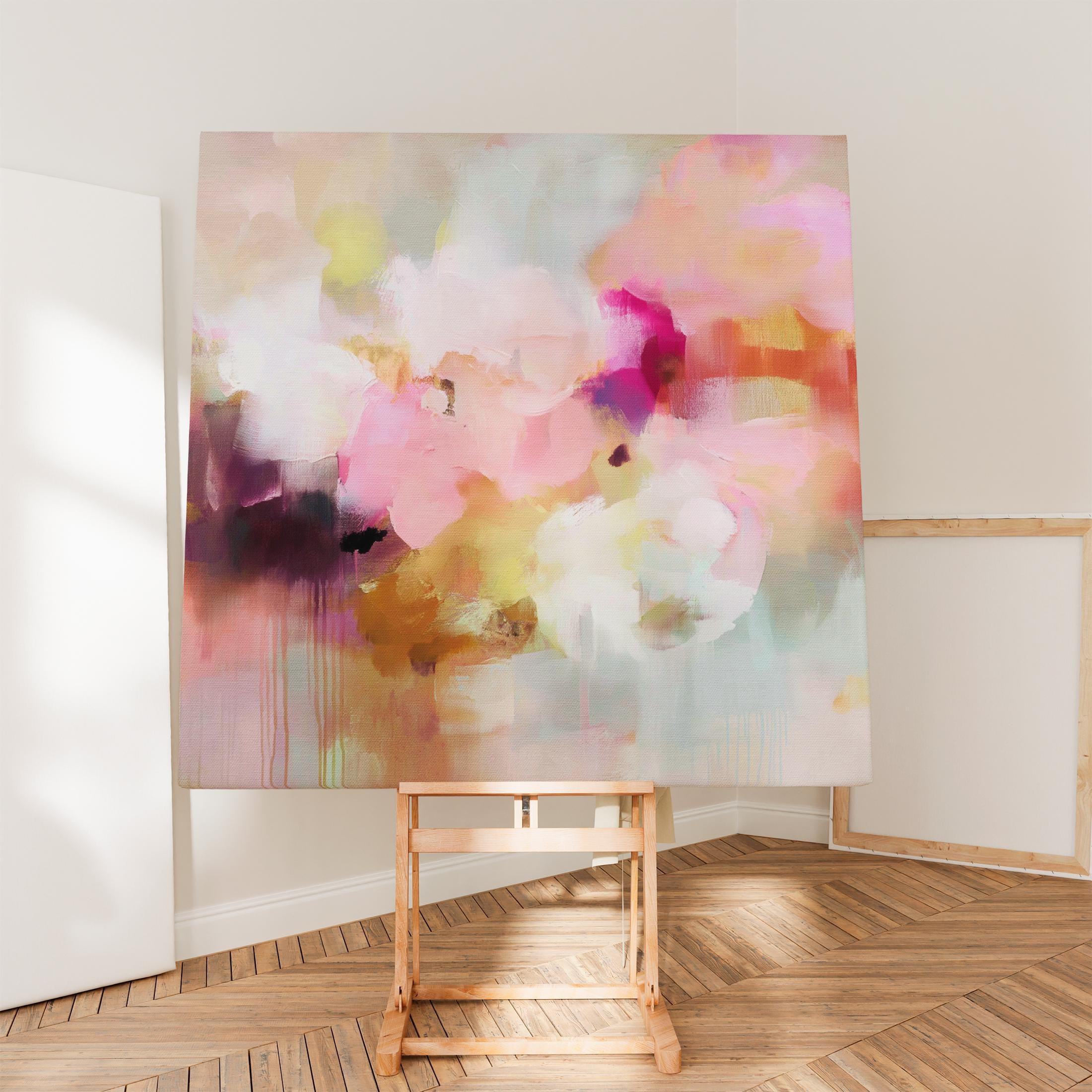 Framed Abstract Landscape Wall Art in Pink Orange and Green, Modern Square Canvas for Living Room or Entryway, Summer Decor Statement 290 Framed Canvas Art Colorful abstract wall art on framed canvas, perfect for bold decor art and modern wall decor. Large statement piece with expressive brushstrokes and rich textures. Ready-to-hang giclée canvas designed to energize living rooms, offices, and curated interiors. Muse Studio Decor Art.