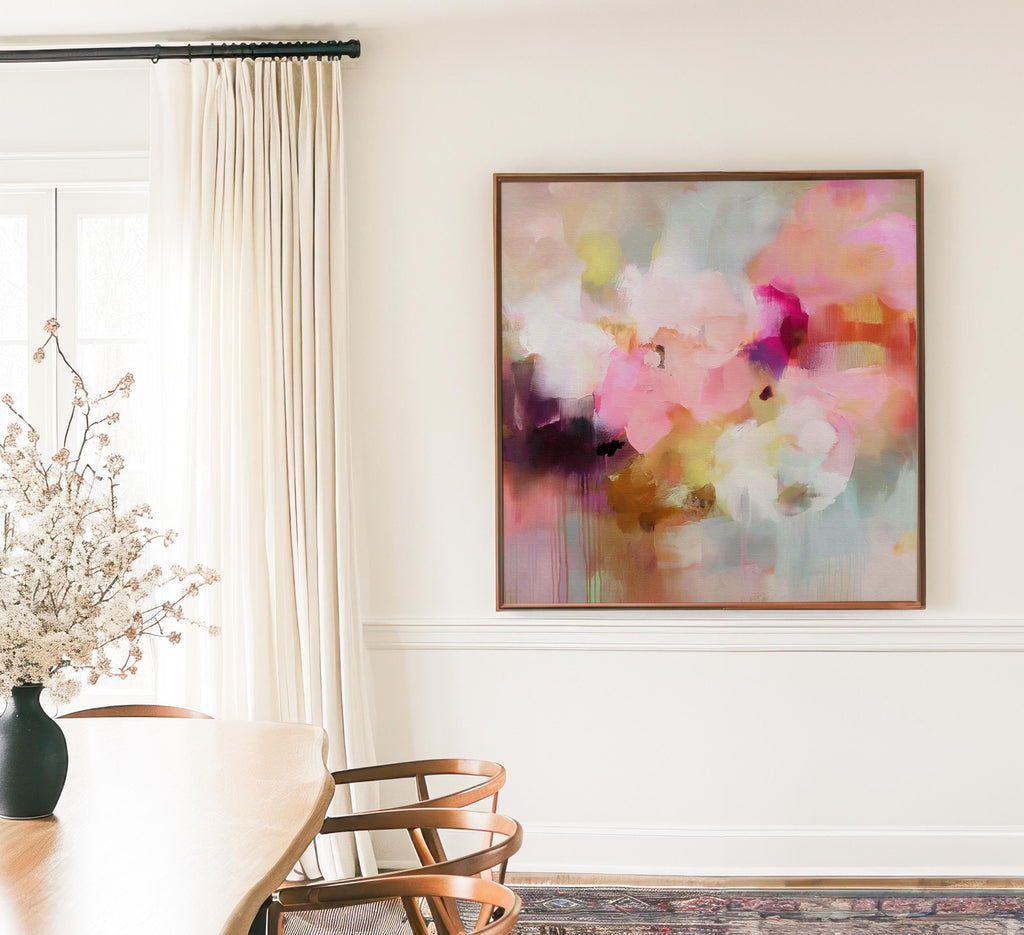 Framed Abstract Landscape Wall Art in Pink Orange and Green, Modern Square Canvas for Living Room or Entryway, Summer Decor Statement 290 Framed Canvas Art Colorful abstract wall art on framed canvas, perfect for bold decor art and modern wall decor. Large statement piece with expressive brushstrokes and rich textures. Ready-to-hang giclée canvas designed to energize living rooms, offices, and curated interiors. Muse Studio Decor Art.