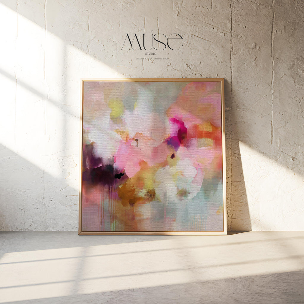Framed Abstract Landscape Wall Art in Pink Orange and Green, Modern Square Canvas for Living Room or Entryway, Summer Decor Statement 290 Framed Canvas Art Colorful abstract wall art on framed canvas, perfect for bold decor art and modern wall decor. Large statement piece with expressive brushstrokes and rich textures. Ready-to-hang giclée canvas designed to energize living rooms, offices, and curated interiors. Muse Studio Decor Art.
