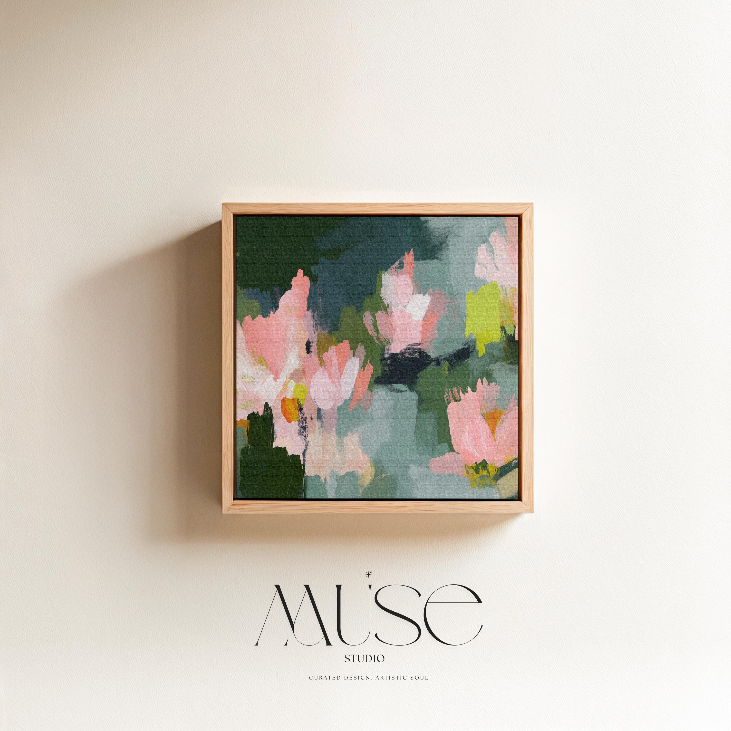 Blossom Grove No. 1039 by Muse Studio & Co. abstract floral canvas wall art in blush pink, sage green, deep forest green, and soft chartreuse, printed with museum-grade giclée inks on premium gallery-wrapped canvas, styled in a serene soft contemporary bedroom.