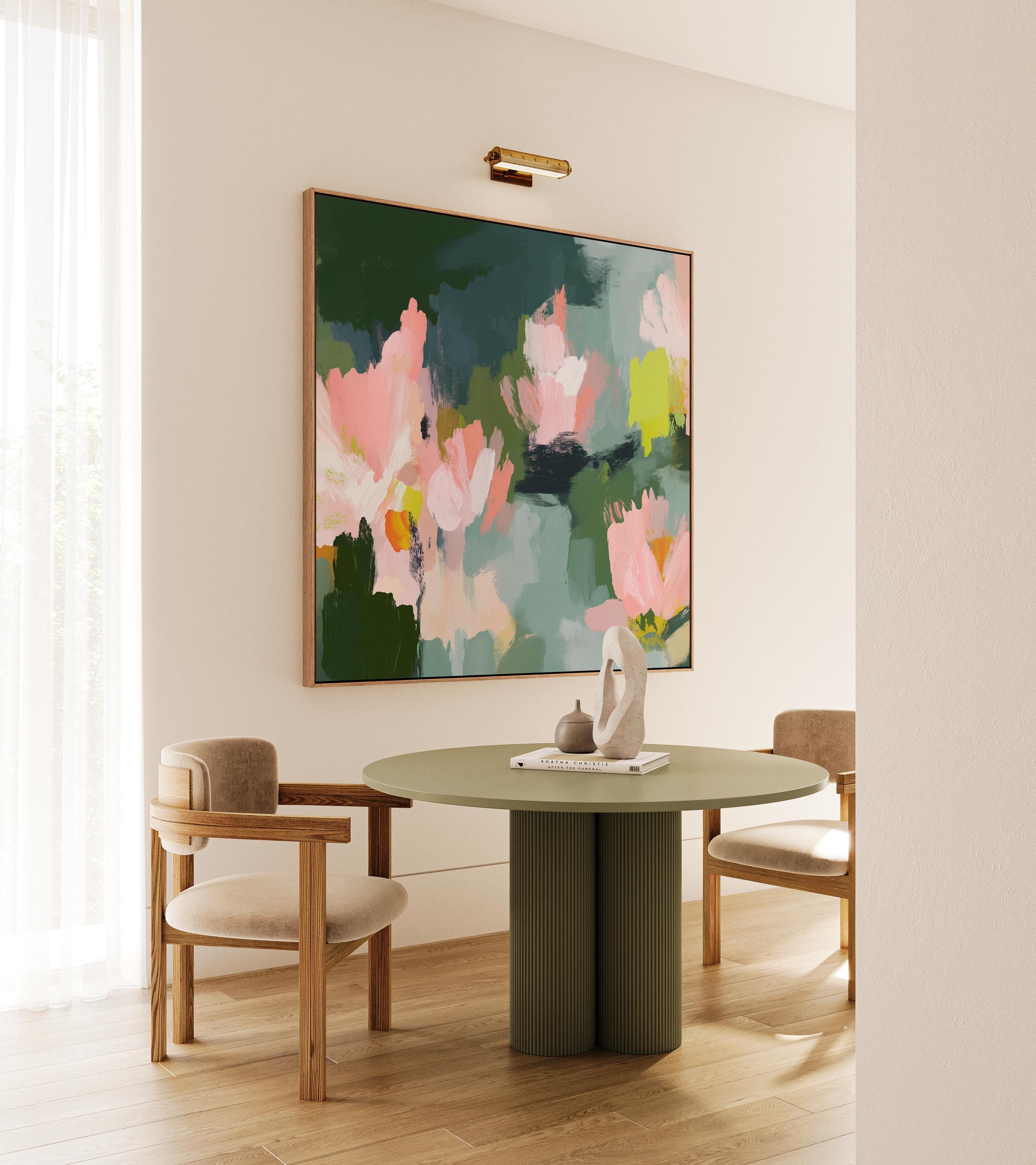 Blossom Grove No. 1039 by Muse Studio & Co. abstract floral canvas wall art in blush pink, sage green, deep forest green, and soft chartreuse, printed with museum-grade giclée inks on premium gallery-wrapped canvas, styled in a serene soft contemporary bedroom.