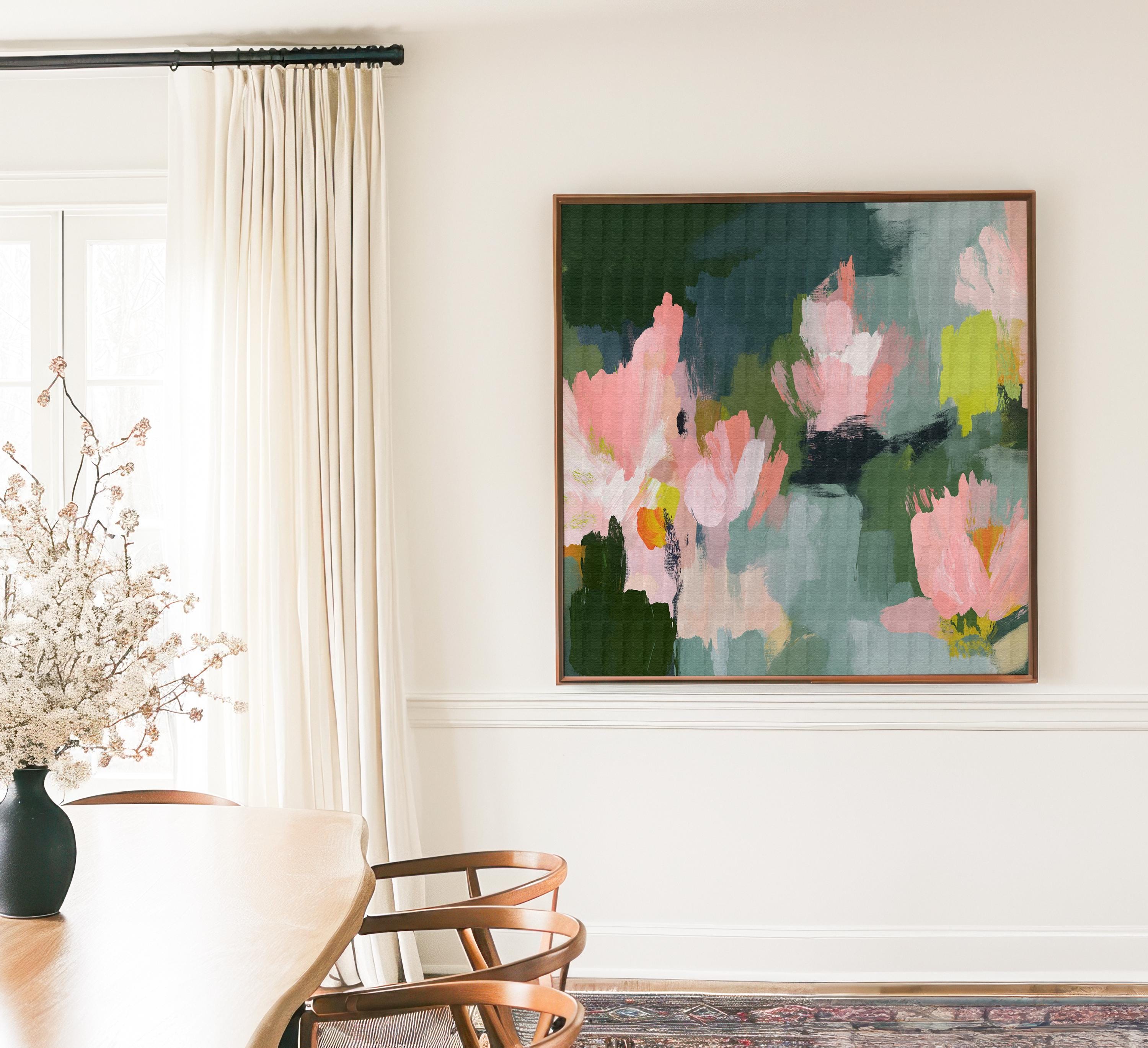 Blossom Grove No. 1039 by Muse Studio & Co. abstract floral canvas wall art in blush pink, sage green, deep forest green, and soft chartreuse, printed with museum-grade giclée inks on premium gallery-wrapped canvas, styled in a serene soft contemporary bedroom.