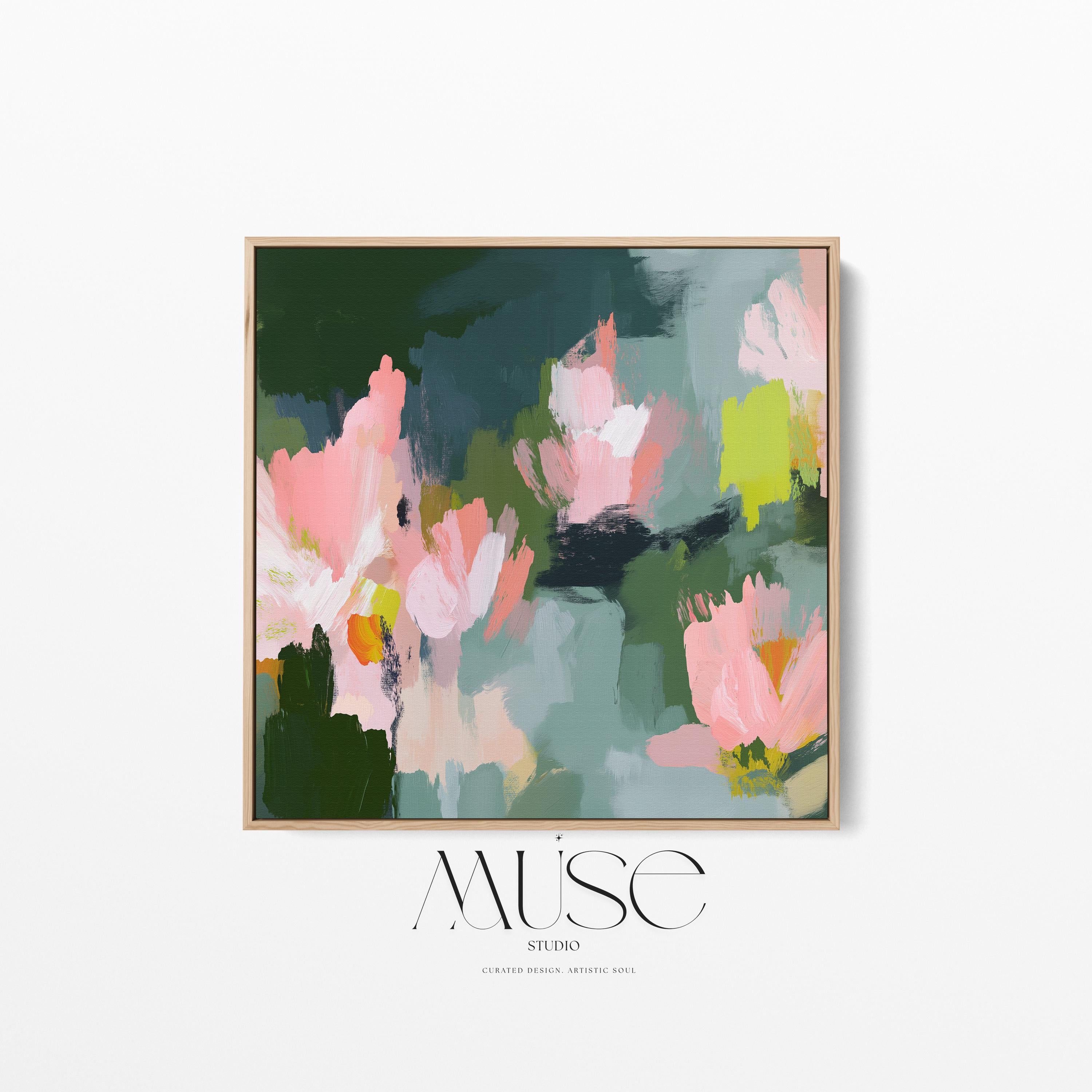 Blossom Grove No. 1039 by Muse Studio & Co. abstract floral canvas wall art in blush pink, sage green, deep forest green, and soft chartreuse, printed with museum-grade giclée inks on premium gallery-wrapped canvas, styled in a serene soft contemporary bedroom.