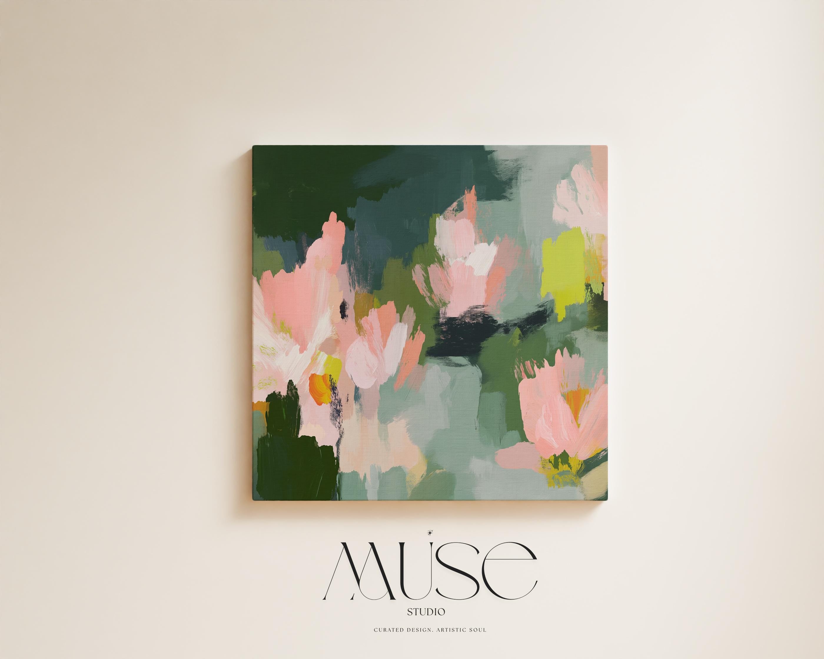 Blossom Grove No. 1039 by Muse Studio & Co. abstract floral canvas wall art in blush pink, sage green, deep forest green, and soft chartreuse, printed with museum-grade giclée inks on premium gallery-wrapped canvas, styled in a serene soft contemporary bedroom.