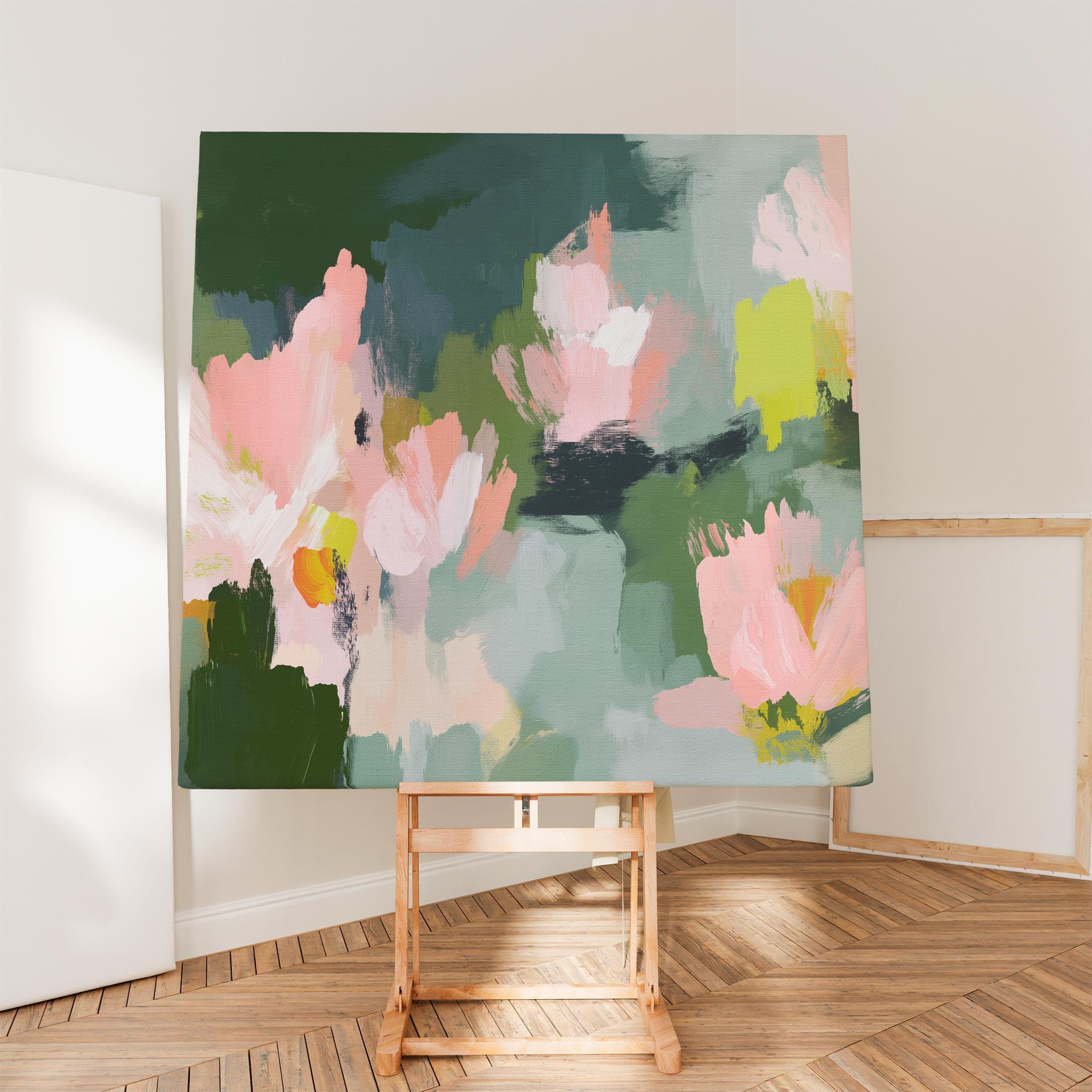 Blossom Grove No. 1039 by Muse Studio & Co. abstract floral canvas wall art in blush pink, sage green, deep forest green, and soft chartreuse, printed with museum-grade giclée inks on premium gallery-wrapped canvas, styled in a serene soft contemporary bedroom.
