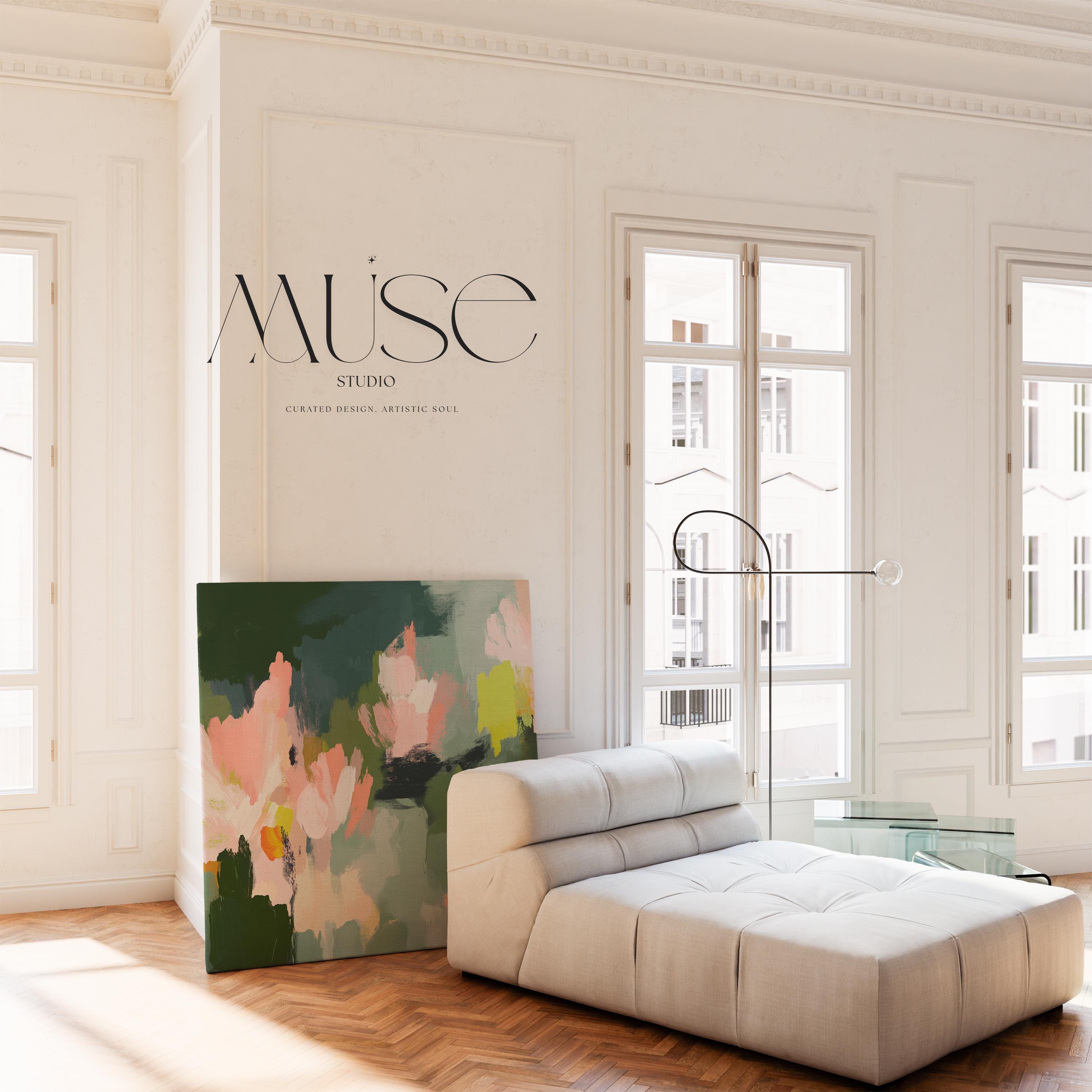 Blossom Grove No. 1039 by Muse Studio & Co. abstract floral canvas wall art in blush pink, sage green, deep forest green, and soft chartreuse, printed with museum-grade giclée inks on premium gallery-wrapped canvas, styled in a serene soft contemporary bedroom.