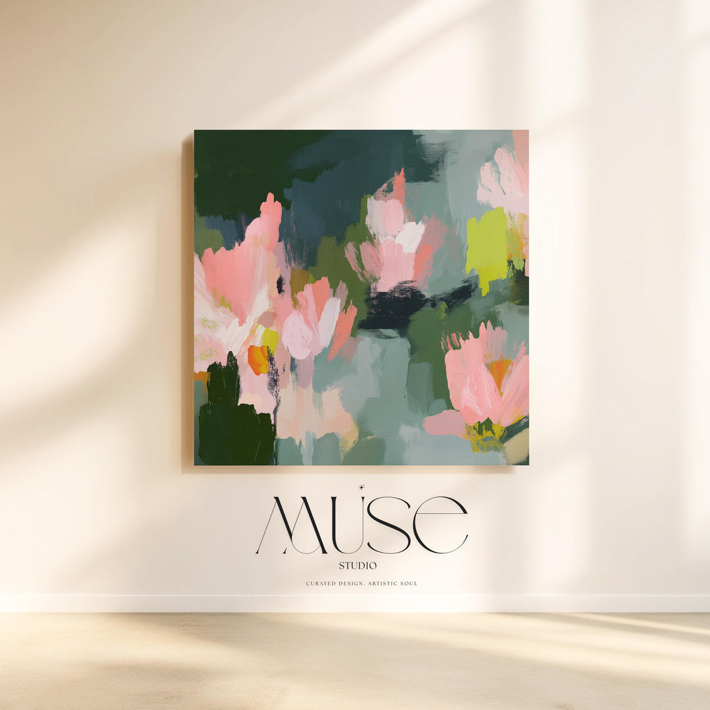 Blossom Grove No. 1039 by Muse Studio & Co. abstract floral canvas wall art in blush pink, sage green, deep forest green, and soft chartreuse, printed with museum-grade giclée inks on premium gallery-wrapped canvas, styled in a serene soft contemporary bedroom.