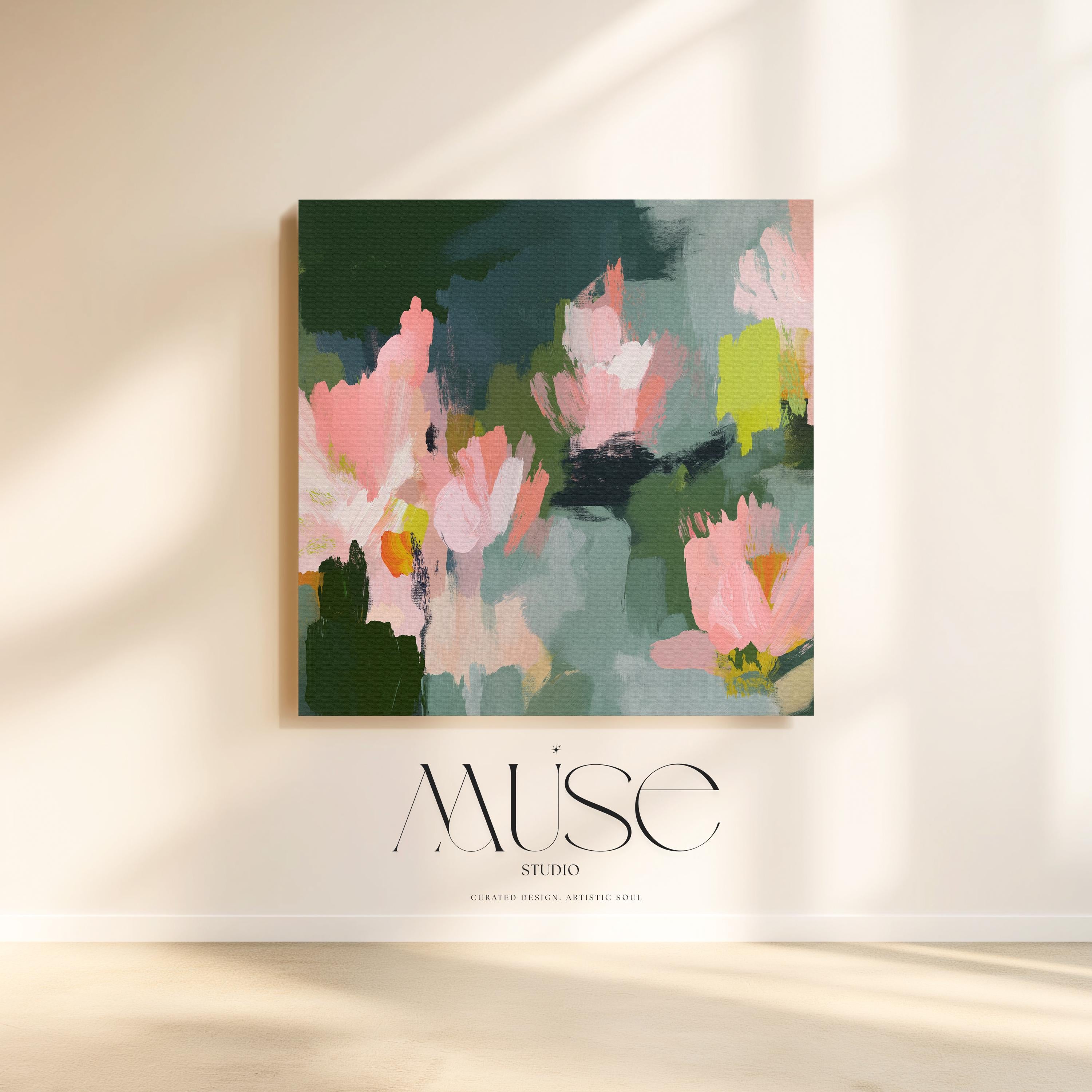 Blossom Grove No. 1039 by Muse Studio & Co. abstract floral canvas wall art in blush pink, sage green, deep forest green, and soft chartreuse, printed with museum-grade giclée inks on premium gallery-wrapped canvas, styled in a serene soft contemporary bedroom.