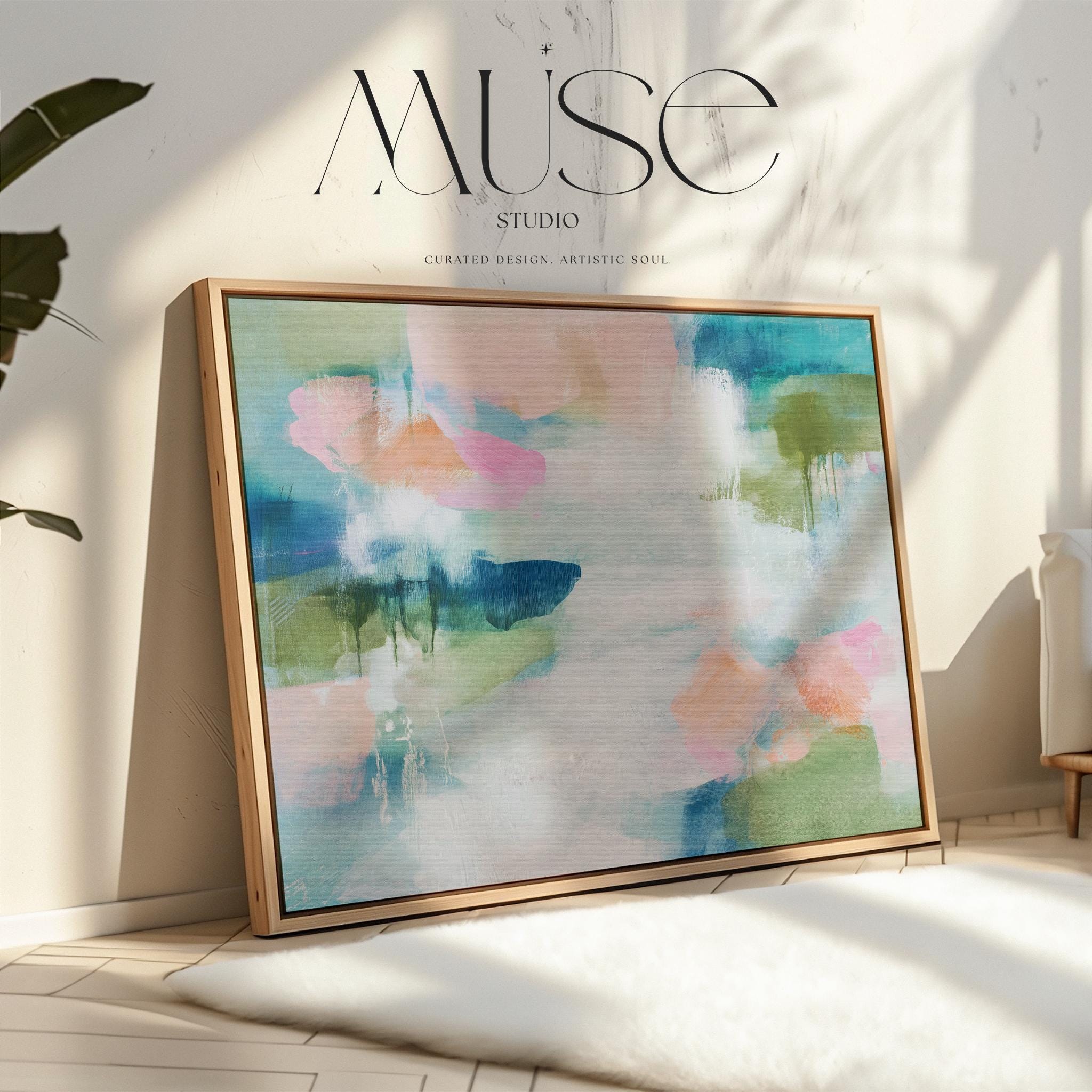 Muse Studio pastel botanical canvas wall art in a blush aqua sage palette, featuring soft pink, airy blue, sage green, and white abstract organic forms, printed with museum-grade giclée inks on premium gallery-wrapped artist canvas for spa decor, bedroom decor, and serene calming interiors.