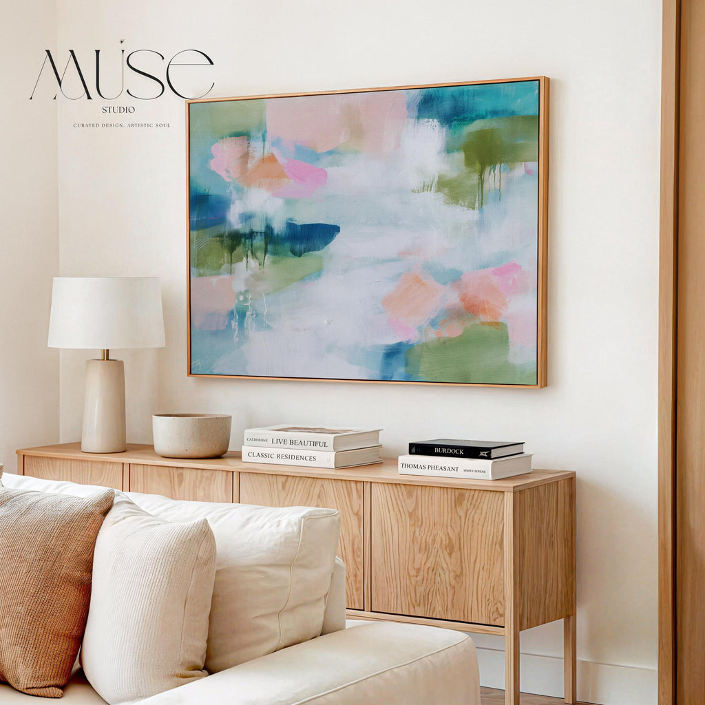 Muse Studio pastel botanical canvas wall art in a blush aqua sage palette, featuring soft pink, airy blue, sage green, and white abstract organic forms, printed with museum-grade giclée inks on premium gallery-wrapped artist canvas for spa decor, bedroom decor, and serene calming interiors.