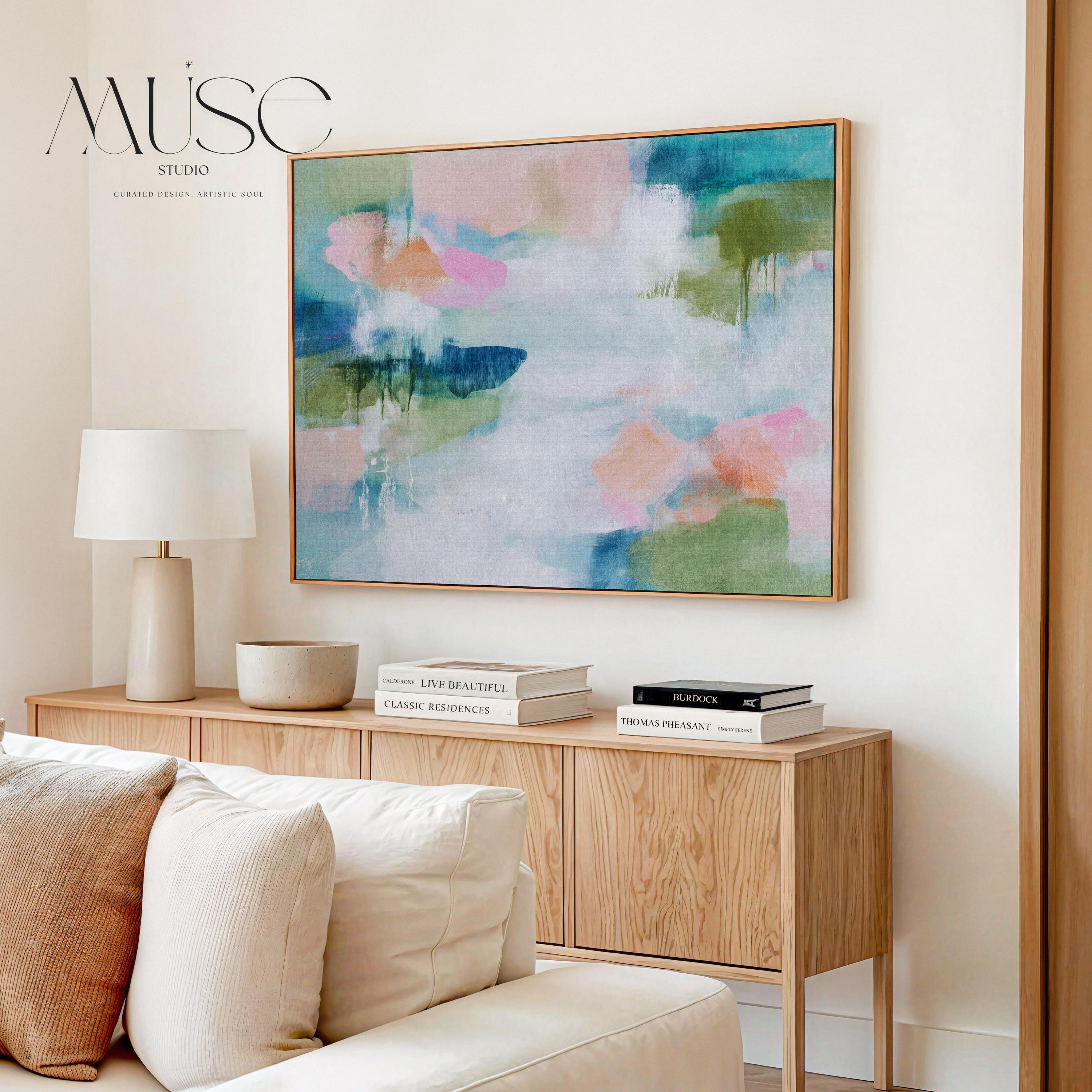 Muse Studio pastel botanical canvas wall art in a blush aqua sage palette, featuring soft pink, airy blue, sage green, and white abstract organic forms, printed with museum-grade giclée inks on premium gallery-wrapped artist canvas for spa decor, bedroom decor, and serene calming interiors.