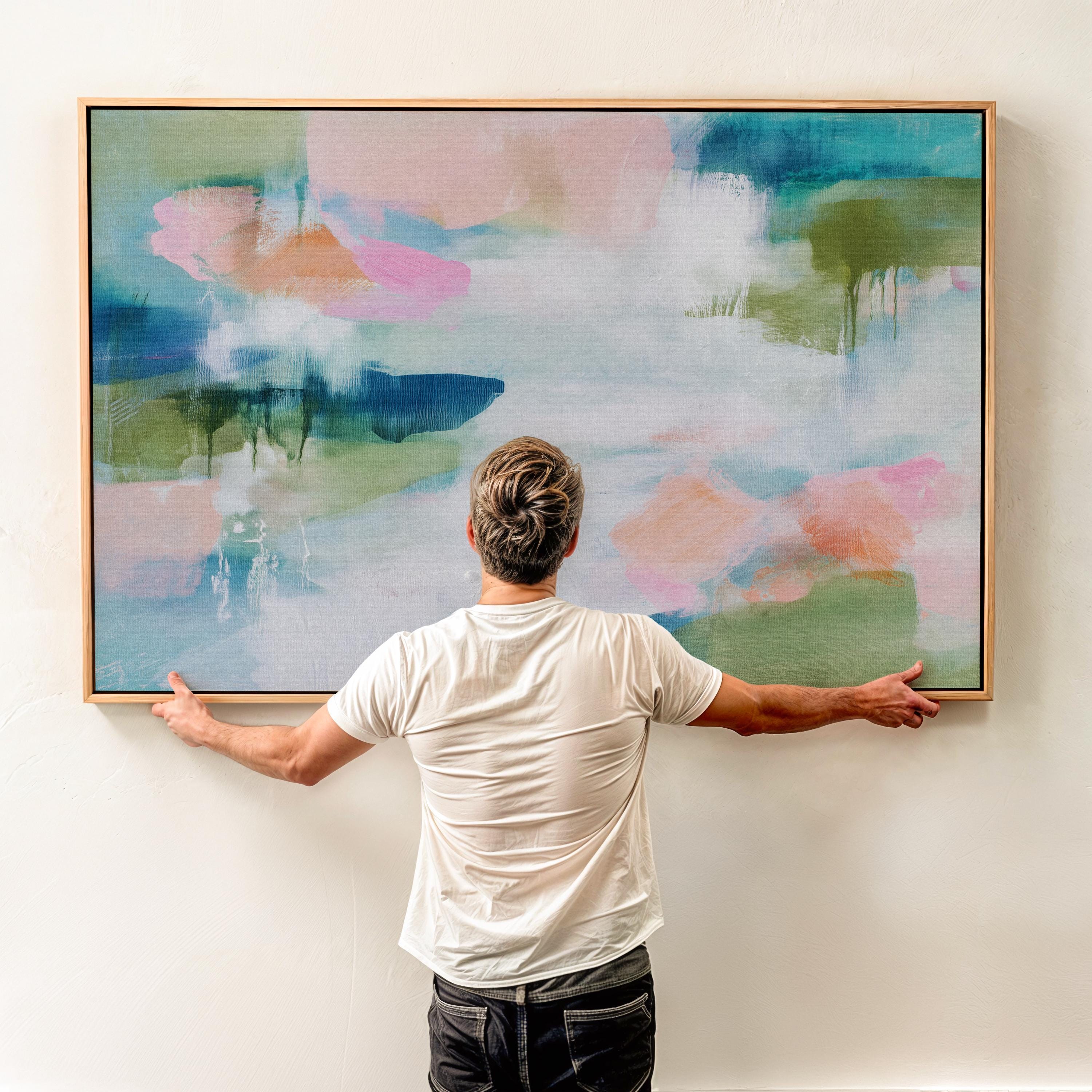 Muse Studio pastel botanical canvas wall art in a blush aqua sage palette, featuring soft pink, airy blue, sage green, and white abstract organic forms, printed with museum-grade giclée inks on premium gallery-wrapped artist canvas for spa decor, bedroom decor, and serene calming interiors.