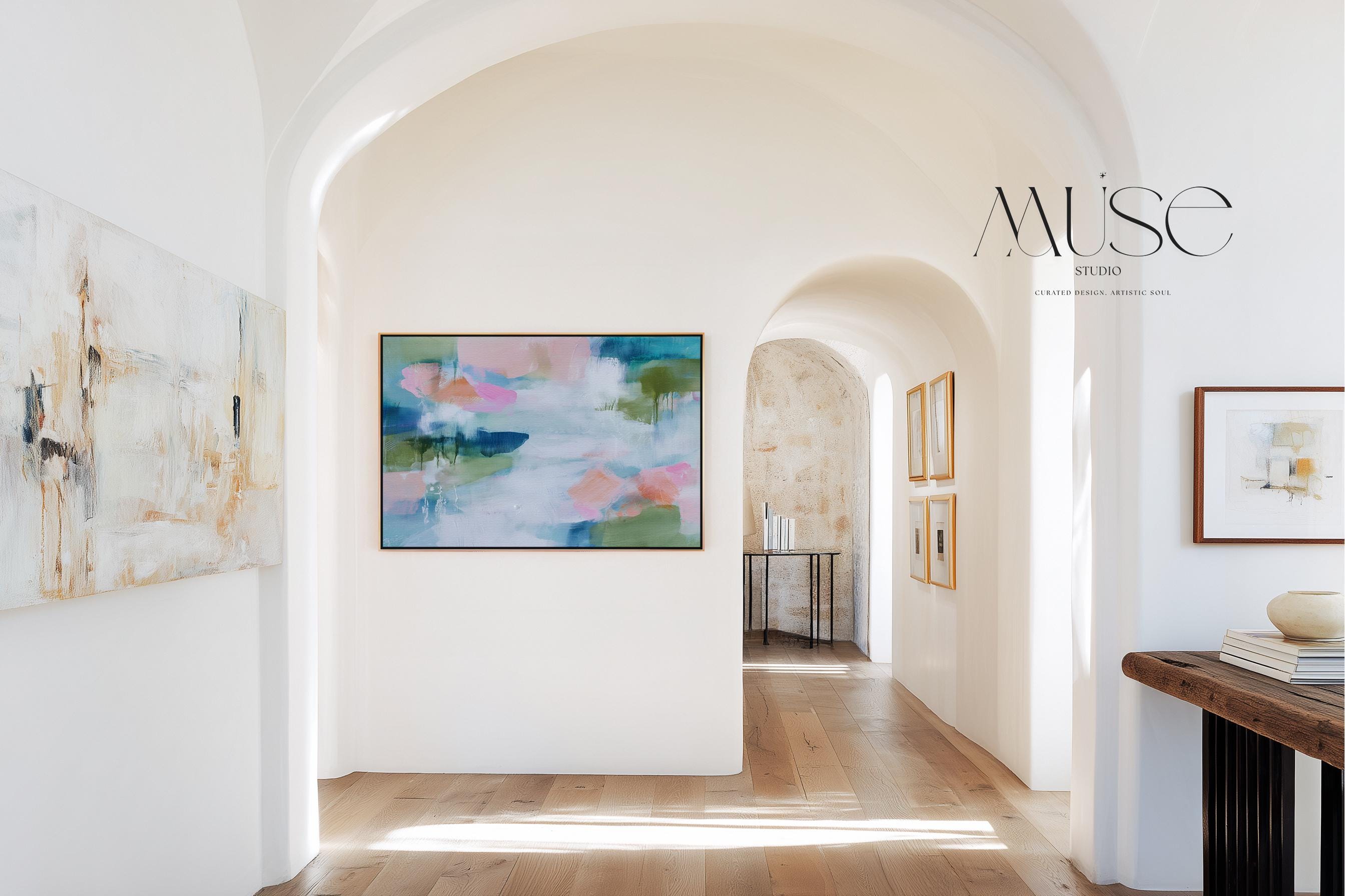 Muse Studio pastel botanical canvas wall art in a blush aqua sage palette, featuring soft pink, airy blue, sage green, and white abstract organic forms, printed with museum-grade giclée inks on premium gallery-wrapped artist canvas for spa decor, bedroom decor, and serene calming interiors.