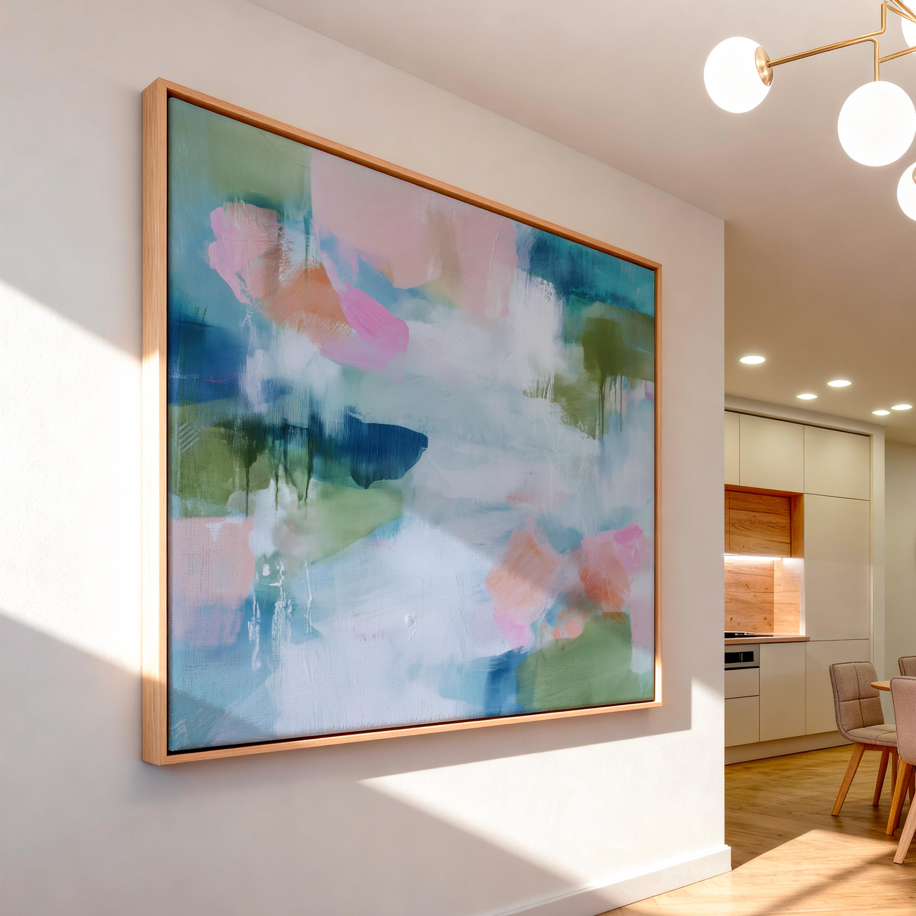 Muse Studio pastel botanical canvas wall art in a blush aqua sage palette, featuring soft pink, airy blue, sage green, and white abstract organic forms, printed with museum-grade giclée inks on premium gallery-wrapped artist canvas for spa decor, bedroom decor, and serene calming interiors.