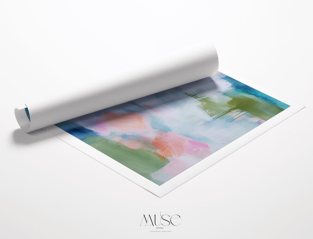 Muse Studio pastel botanical canvas wall art in a blush aqua sage palette, featuring soft pink, airy aqua blue, sage green, olive accents, and white abstract botanical forms, printed with museum-grade giclée inks on premium gallery-wrapped artist canvas for spa decor, bedroom decor, and serene modern interiors.