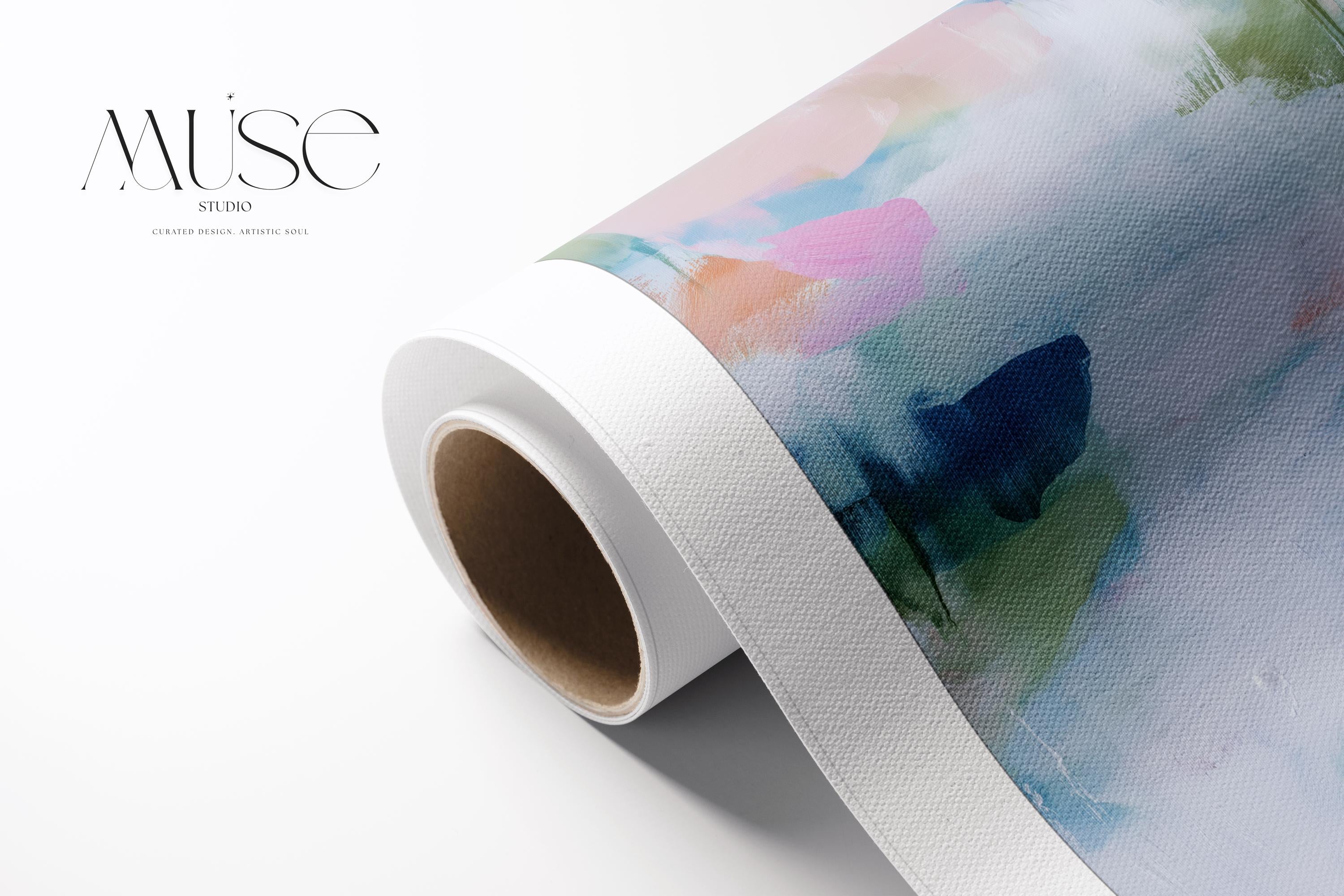 Muse Studio pastel botanical canvas wall art in a blush aqua sage palette, featuring soft pink, airy aqua blue, sage green, olive accents, and white abstract botanical forms, printed with museum-grade giclée inks on premium gallery-wrapped artist canvas for spa decor, bedroom decor, and serene modern interiors.