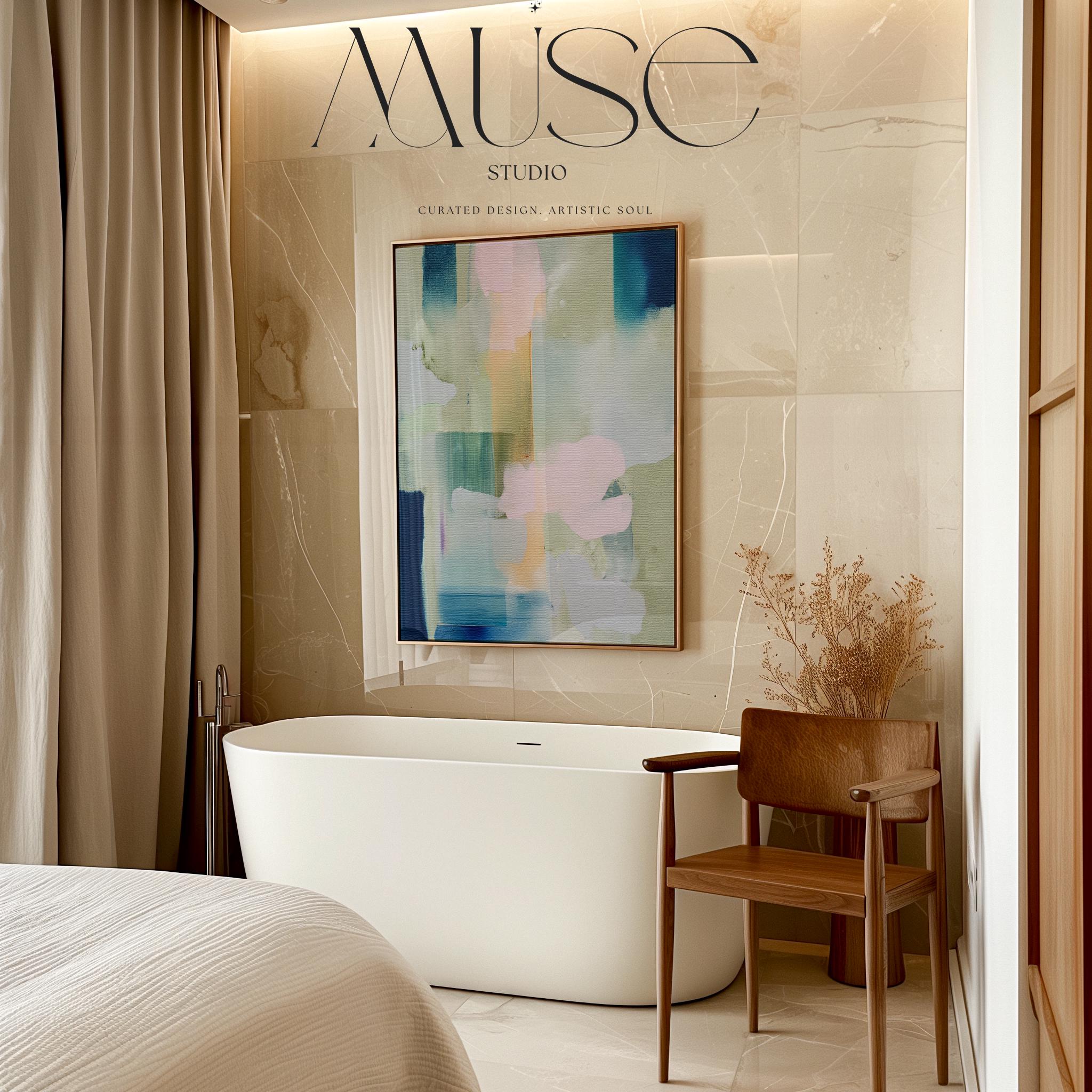 Muse Studio vertical pastel botanical canvas wall art in a blush blue sage palette, featuring soft pink, misty blue, pale sage, and deep navy abstract organic forms, printed with museum-grade giclée inks on premium gallery-wrapped artist canvas for bedroom decor, spa decor, and serene soft contemporary interiors.