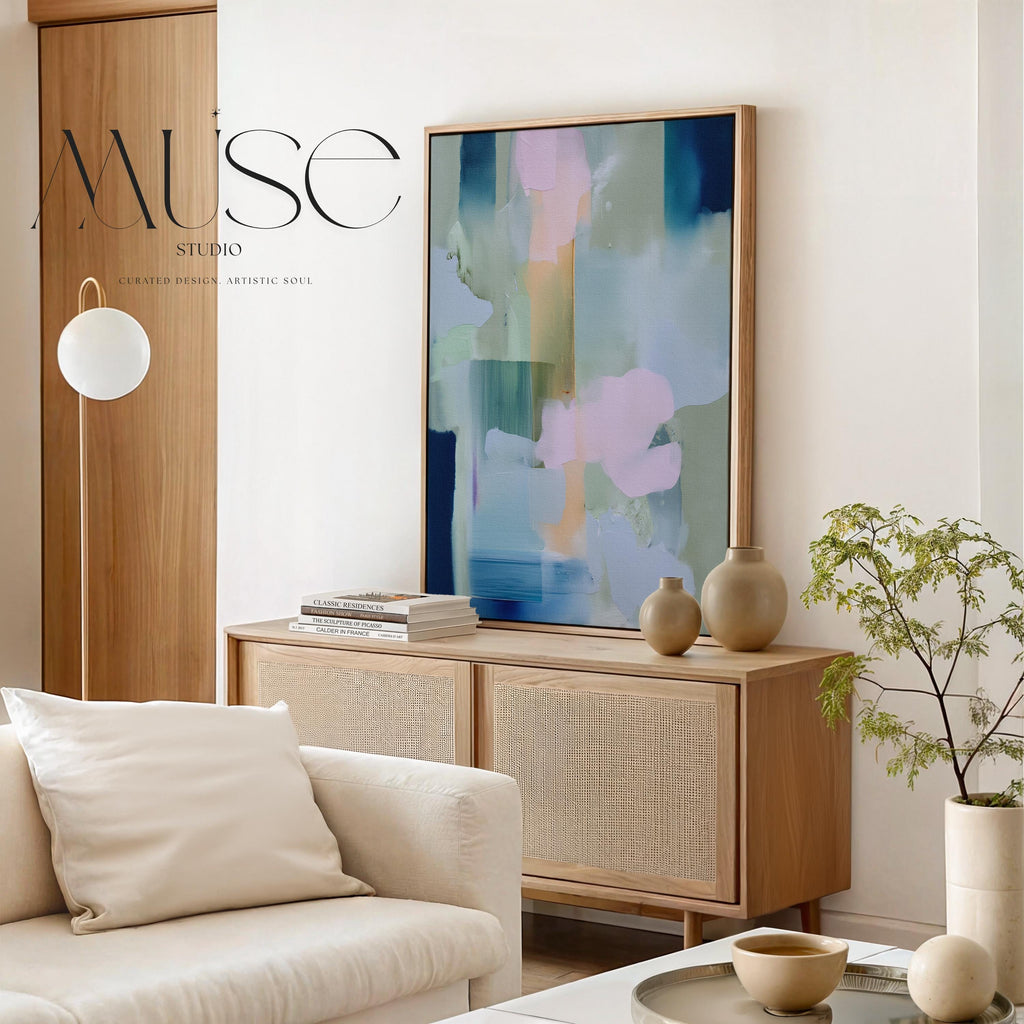 Muse Studio vertical pastel botanical canvas wall art in a blush blue sage palette, featuring soft pink, misty blue, pale sage, and deep navy abstract organic forms, printed with museum-grade giclée inks on premium gallery-wrapped artist canvas for bedroom decor, spa decor, and serene soft contemporary interiors.