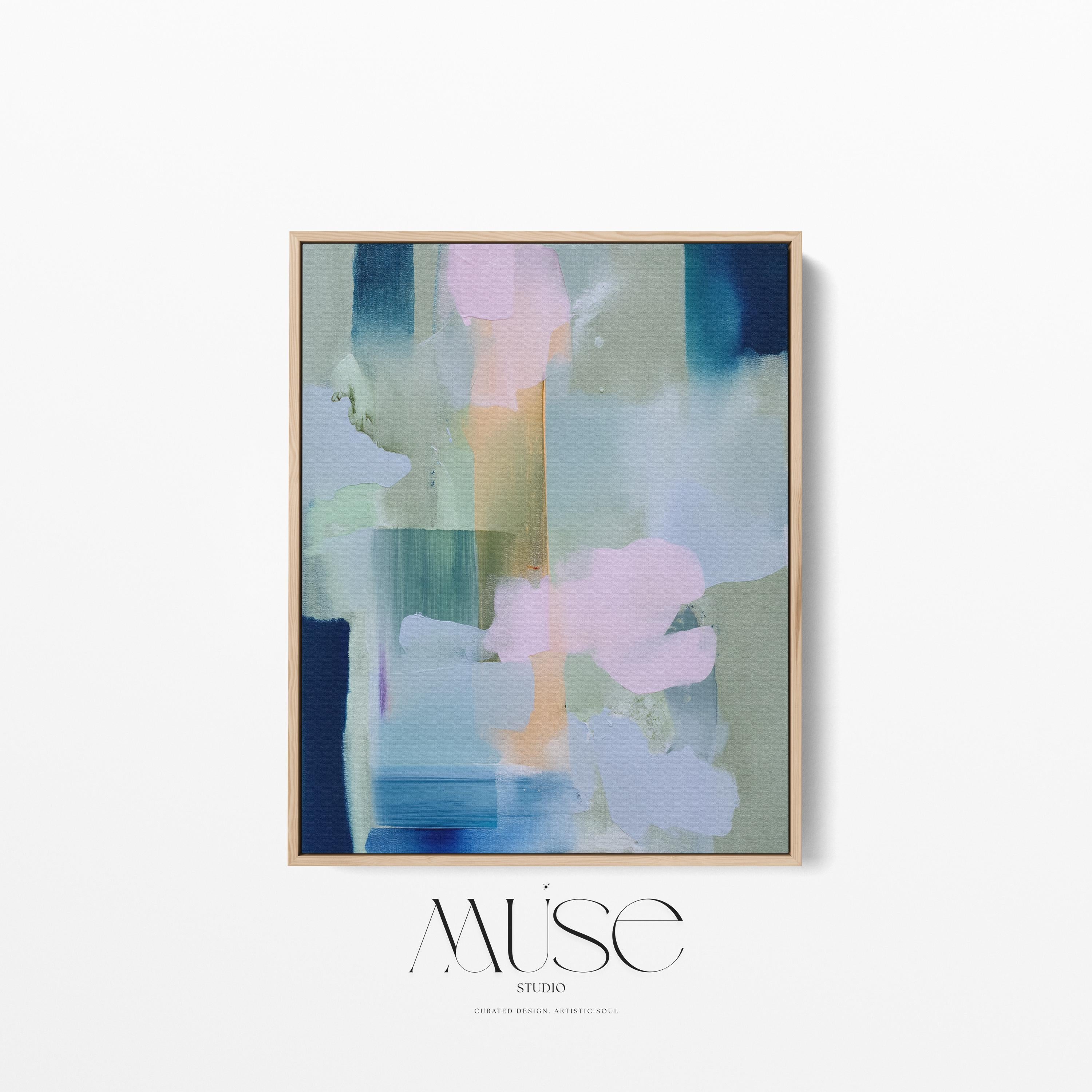 Muse Studio vertical pastel botanical canvas wall art in a blush blue sage palette, featuring soft pink, misty blue, pale sage, and deep navy abstract organic forms, printed with museum-grade giclée inks on premium gallery-wrapped artist canvas for bedroom decor, spa decor, and serene soft contemporary interiors.
