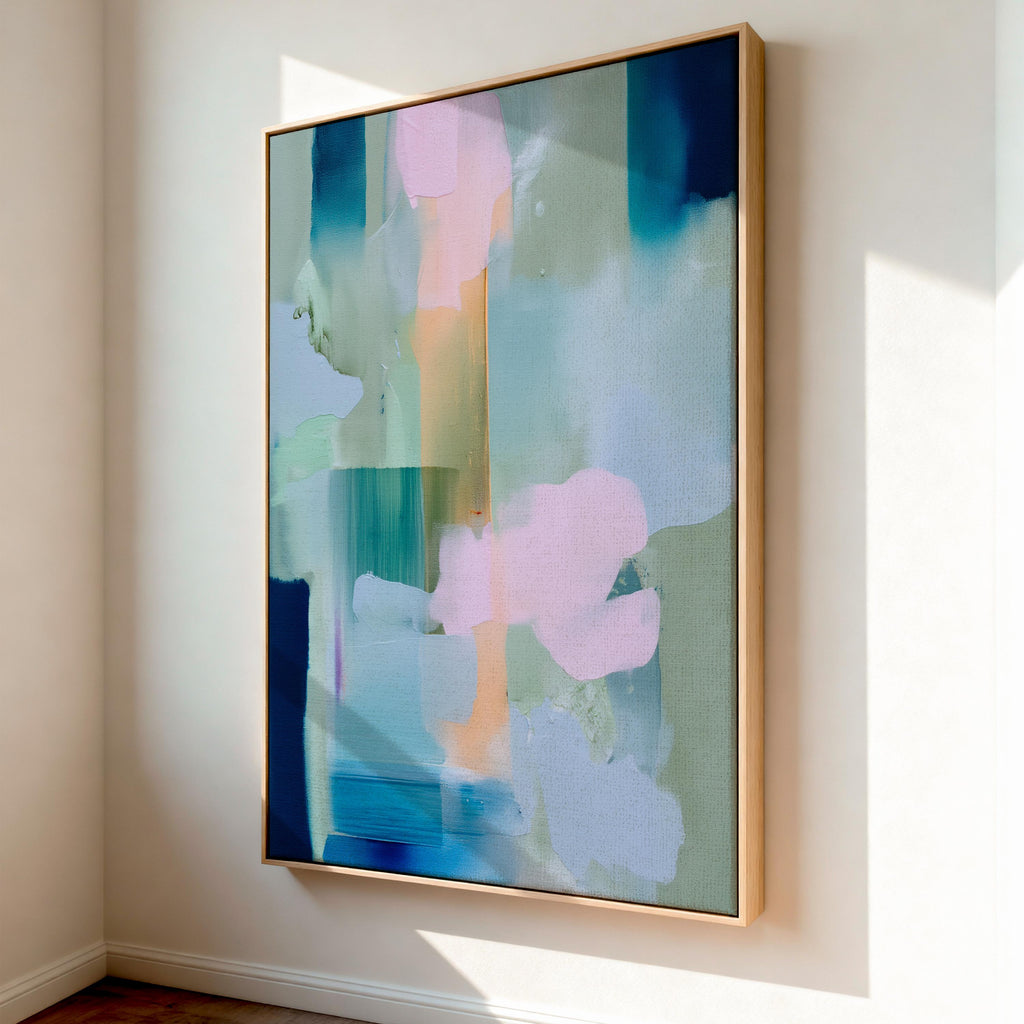 Muse Studio vertical pastel botanical canvas wall art in a blush blue sage palette, featuring soft pink, misty blue, pale sage, and deep navy abstract organic forms, printed with museum-grade giclée inks on premium gallery-wrapped artist canvas for bedroom decor, spa decor, and serene soft contemporary interiors.