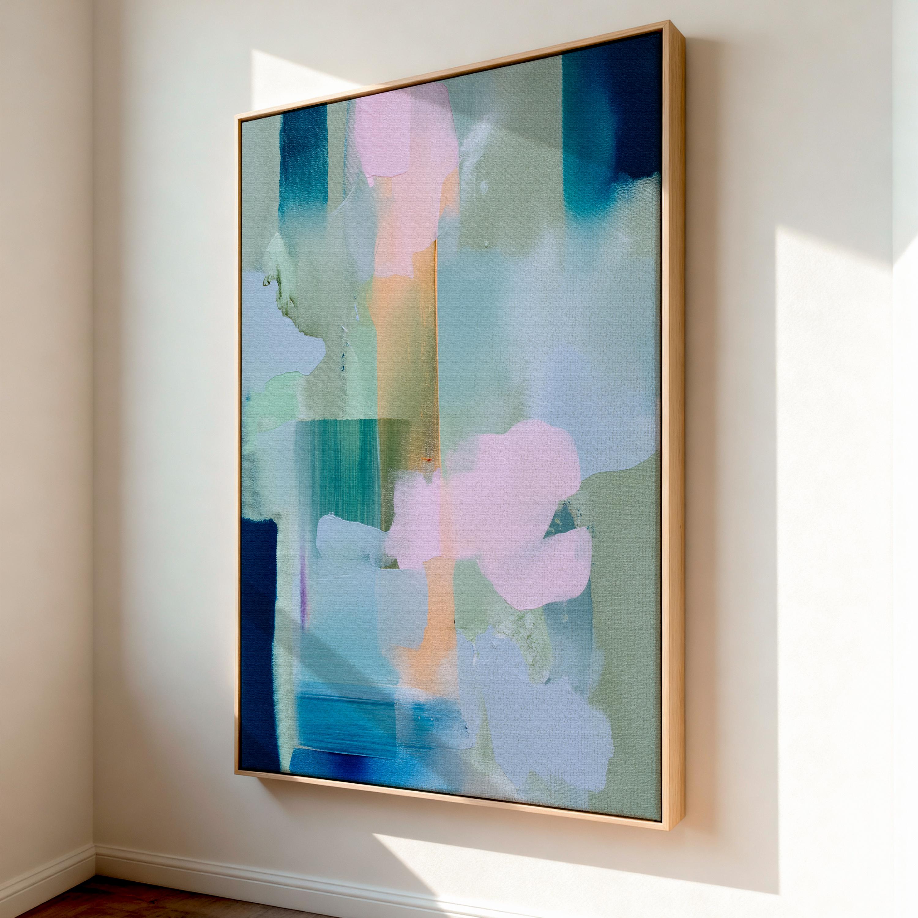 Muse Studio vertical pastel botanical canvas wall art in a blush blue sage palette, featuring soft pink, misty blue, pale sage, and deep navy abstract organic forms, printed with museum-grade giclée inks on premium gallery-wrapped artist canvas for bedroom decor, spa decor, and serene soft contemporary interiors.