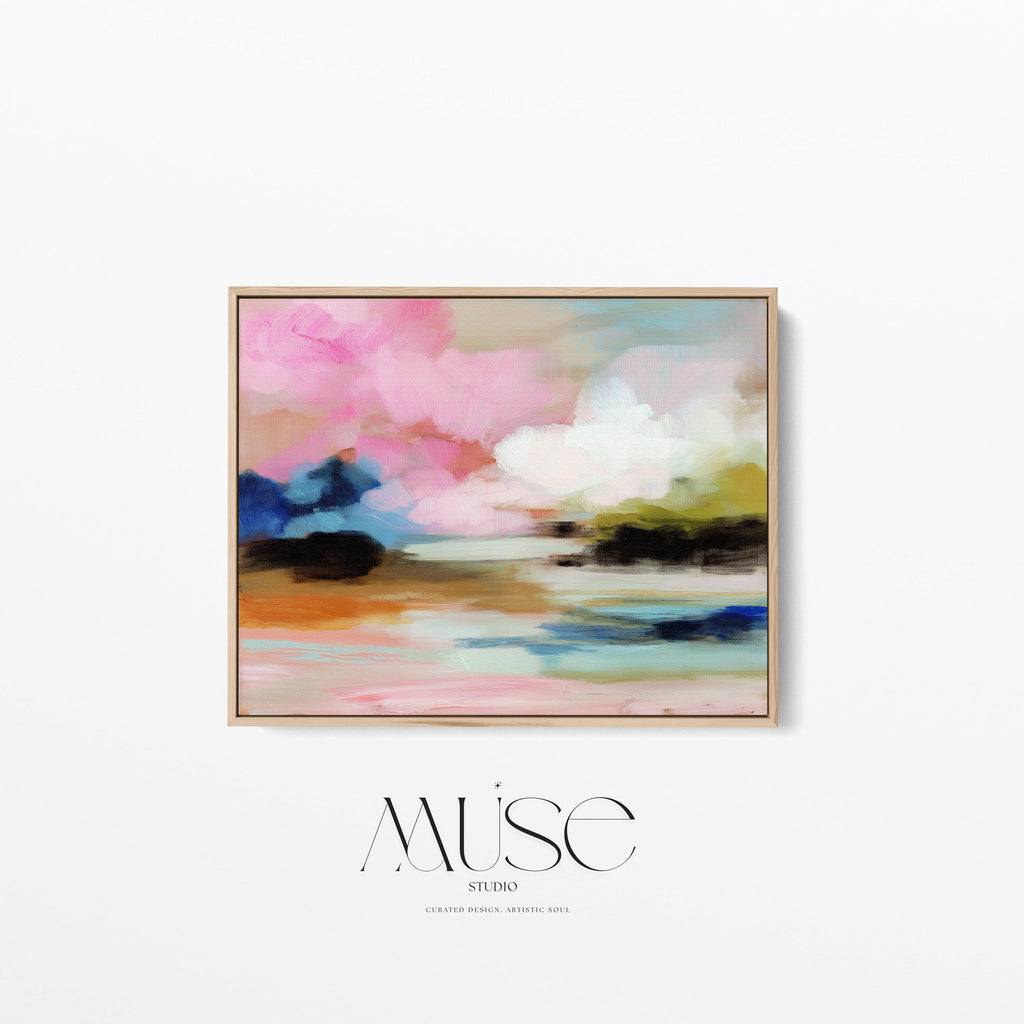Muse Studio horizontal abstract framed wall art featuring blush pink, soft peach, sky blue, olive green, ivory, and deep navy in a dreamy landscape-inspired composition, available in custom premium wood frame options including natural, white, black, and antique gold and silver float frames, custom made to order for bedroom decor, living room decor, and soft contemporary interiors.