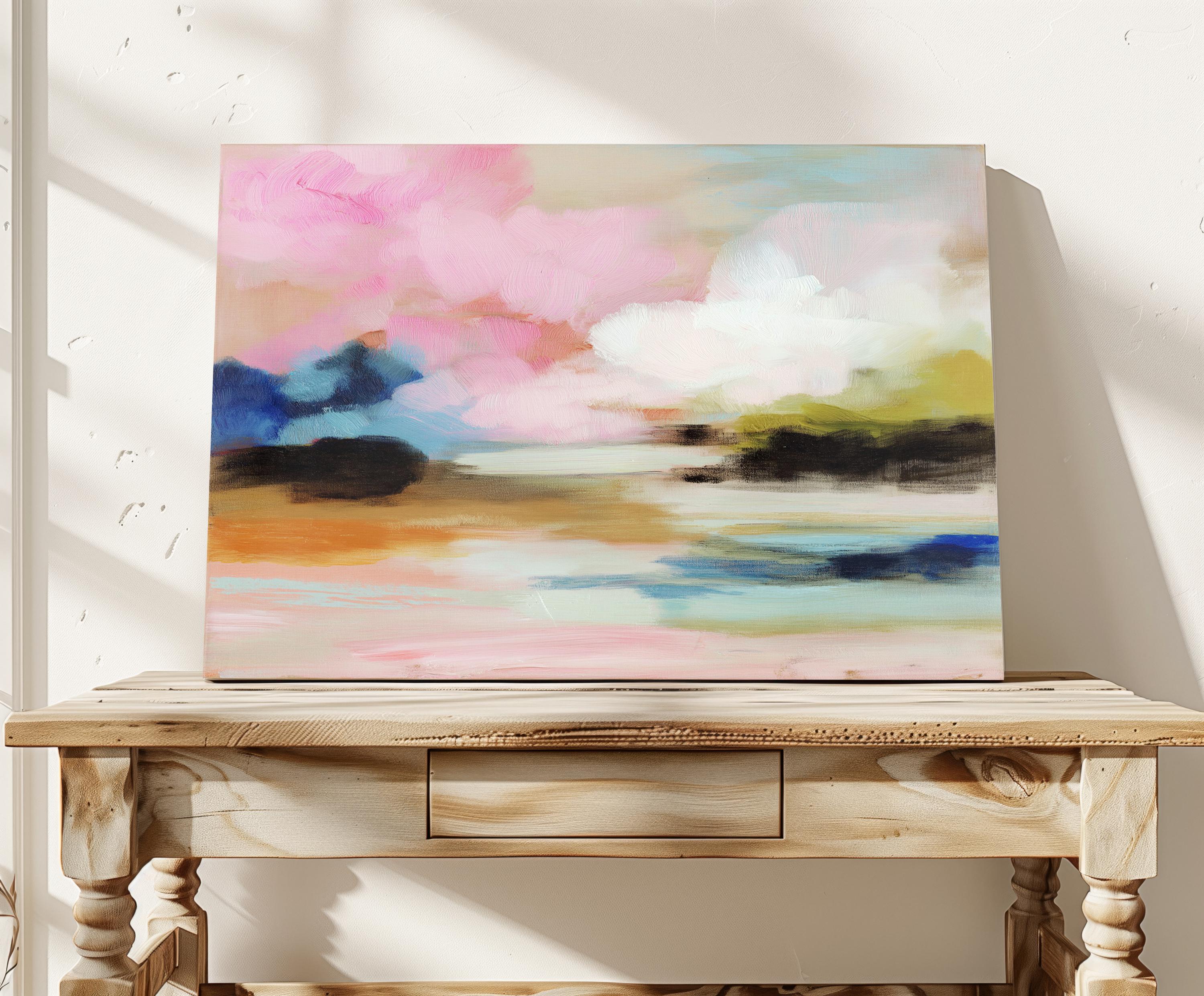 Muse Studio horizontal abstract canvas wall art featuring blush pink, soft peach, sky blue, olive green, ivory, and deep navy in a dreamy landscape-inspired composition, printed with museum-grade giclée inks on premium gallery-wrapped artist canvas for bedroom decor, living room decor, and soft contemporary interiors.