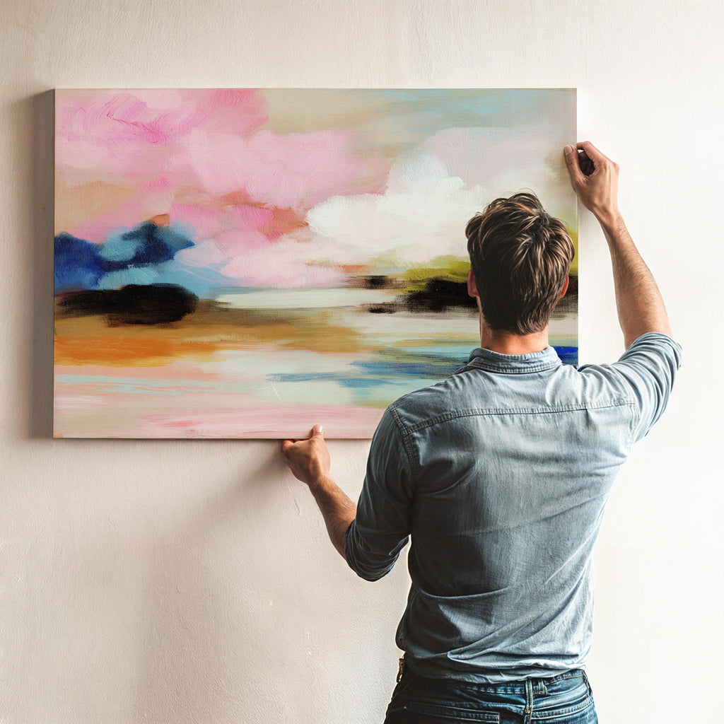 Muse Studio horizontal abstract canvas wall art featuring blush pink, soft peach, sky blue, olive green, ivory, and deep navy in a dreamy landscape-inspired composition, printed with museum-grade giclée inks on premium gallery-wrapped artist canvas for bedroom decor, living room decor, and soft contemporary interiors.