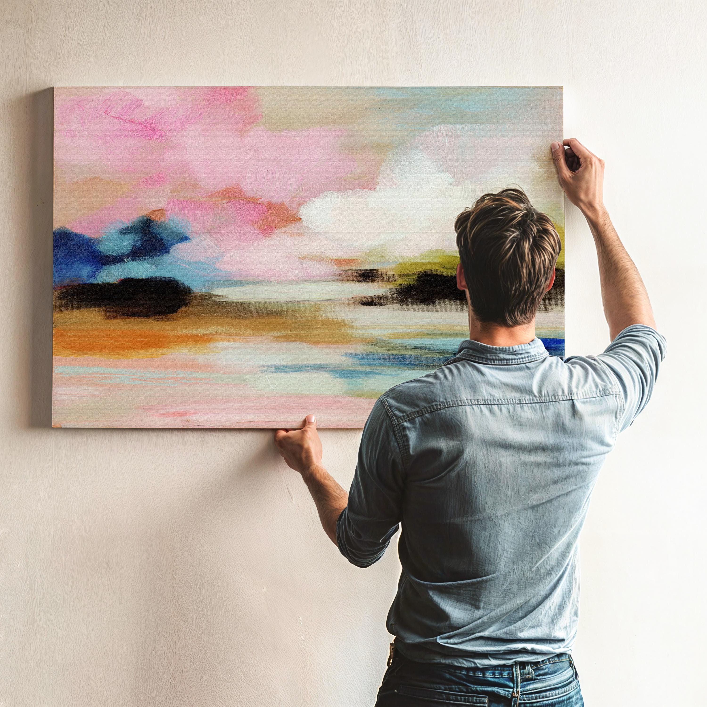 Muse Studio horizontal abstract canvas wall art featuring blush pink, soft peach, sky blue, olive green, ivory, and deep navy in a dreamy landscape-inspired composition, printed with museum-grade giclée inks on premium gallery-wrapped artist canvas for bedroom decor, living room decor, and soft contemporary interiors.