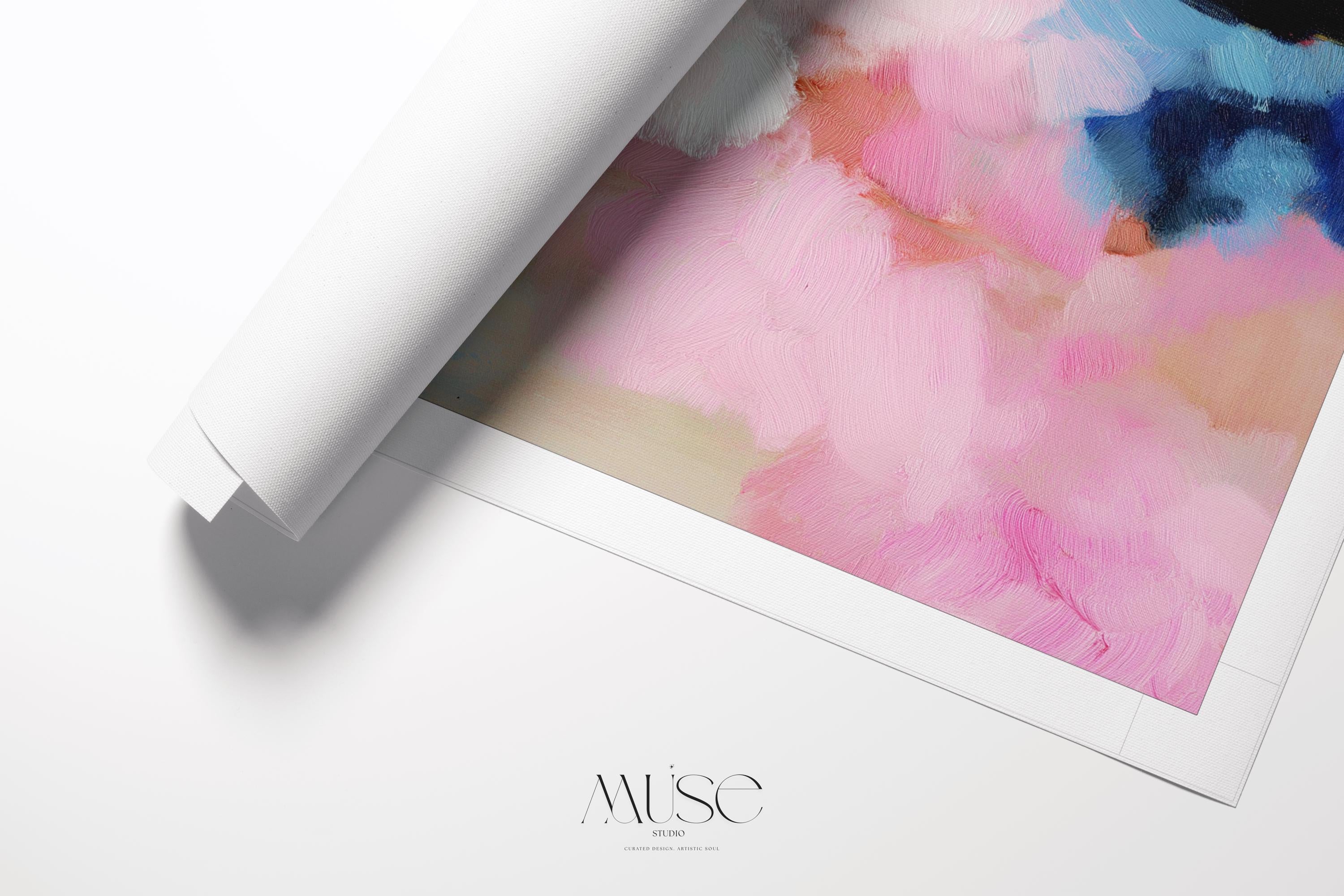 Muse Studio horizontal abstract rolled canvas wall art featuring blush pink, soft peach, sky blue, olive green, ivory, and deep navy in a dreamy landscape-inspired composition, printed with museum-grade giclée inks on premium artist canvas for bedroom decor, living room decor, and soft contemporary interiors.