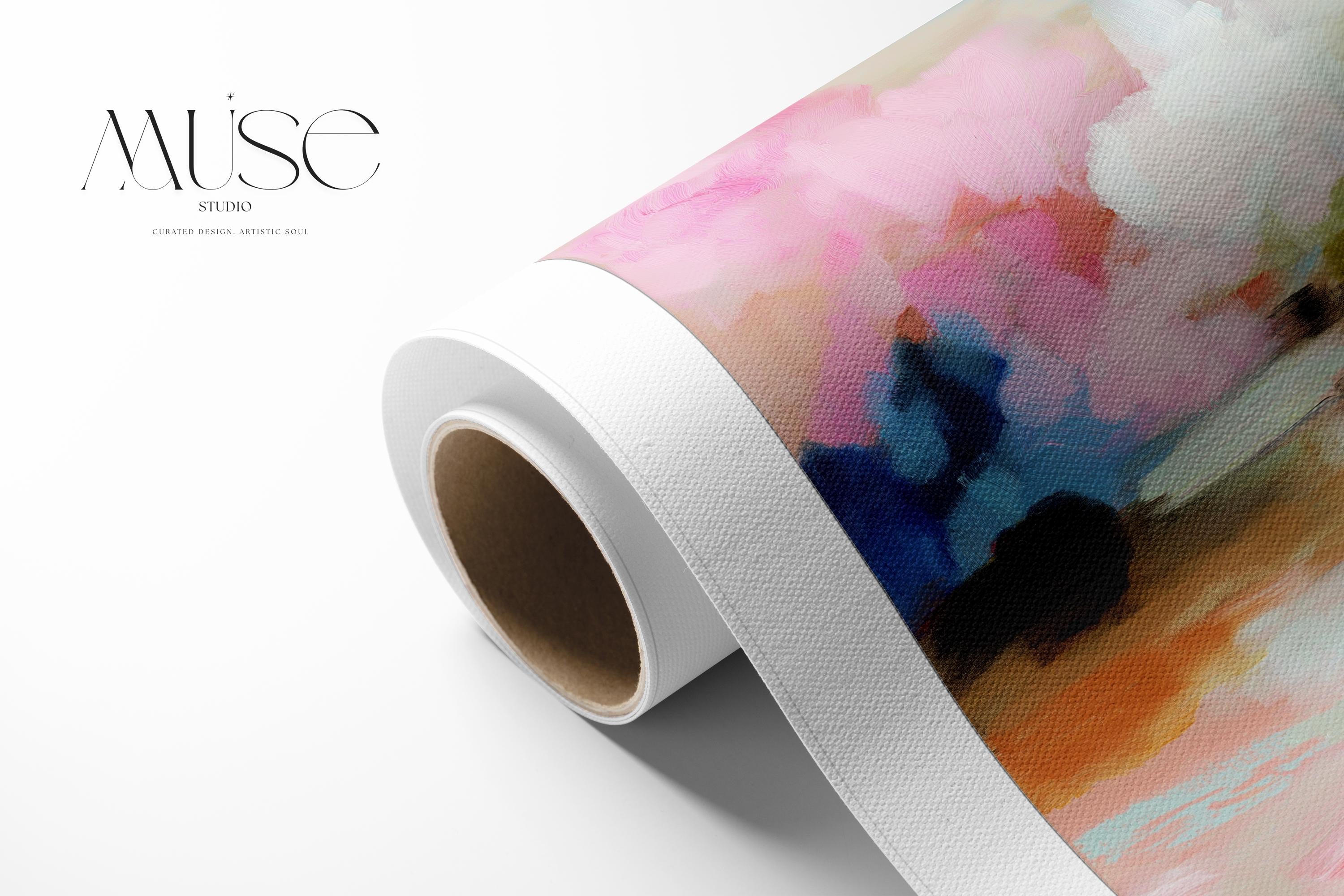 Muse Studio horizontal abstract rolled canvas wall art featuring blush pink, soft peach, sky blue, olive green, ivory, and deep navy in a dreamy landscape-inspired composition, printed with museum-grade giclée inks on premium artist canvas for bedroom decor, living room decor, and soft contemporary interiors.