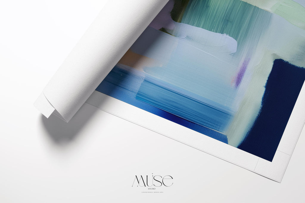 Muse Studio vertical pastel botanical canvas wall art in a blush blue sage palette, available as stretched canvas and rolled canvas, featuring soft pink, misty blue, pale sage, ivory, and deep navy abstract organic forms, printed with museum-grade giclée inks on premium artist canvas for bedroom decor, spa decor, and serene soft contemporary interiors.