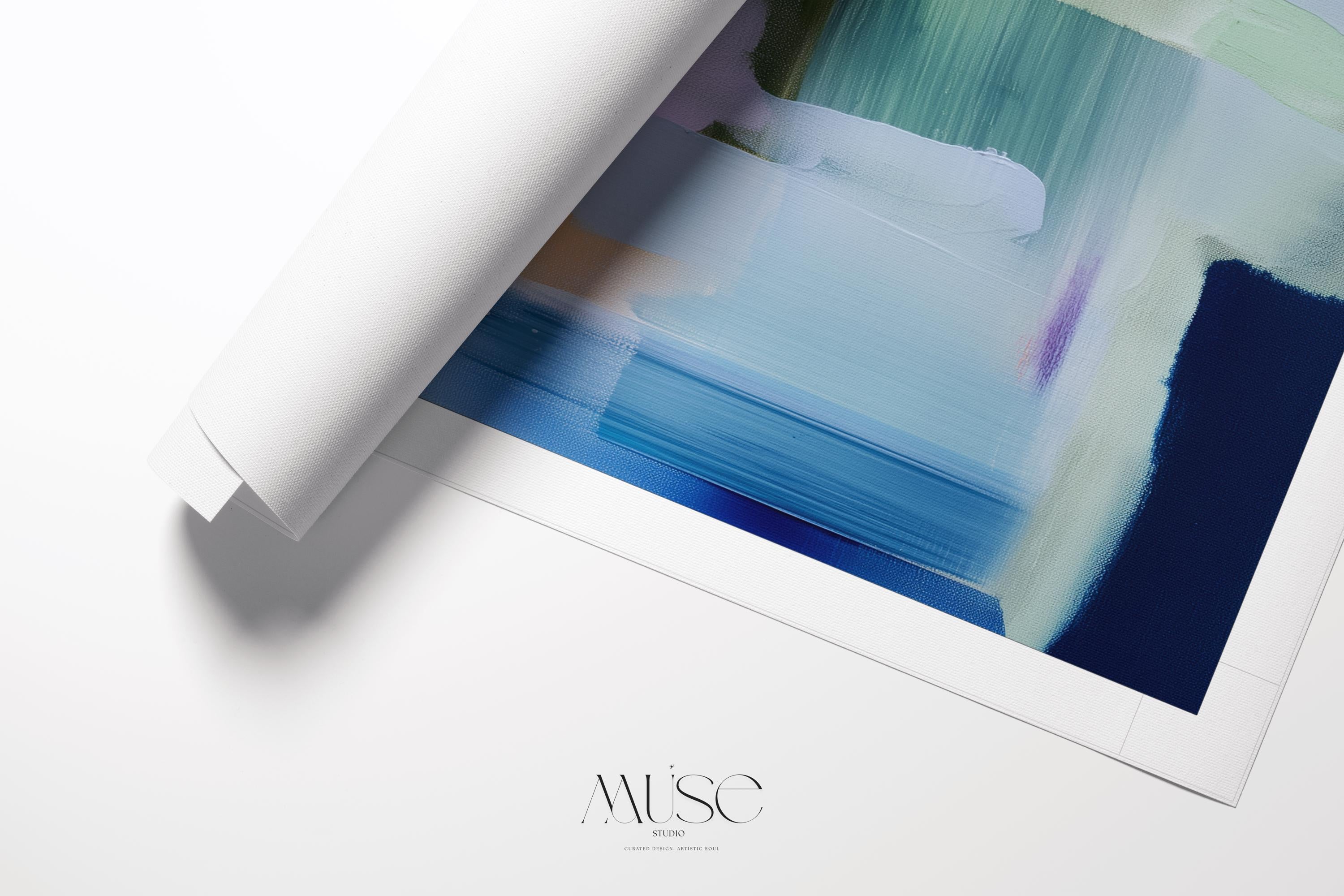 Muse Studio vertical pastel botanical canvas wall art in a blush blue sage palette, available as stretched canvas and rolled canvas, featuring soft pink, misty blue, pale sage, ivory, and deep navy abstract organic forms, printed with museum-grade giclée inks on premium artist canvas for bedroom decor, spa decor, and serene soft contemporary interiors.